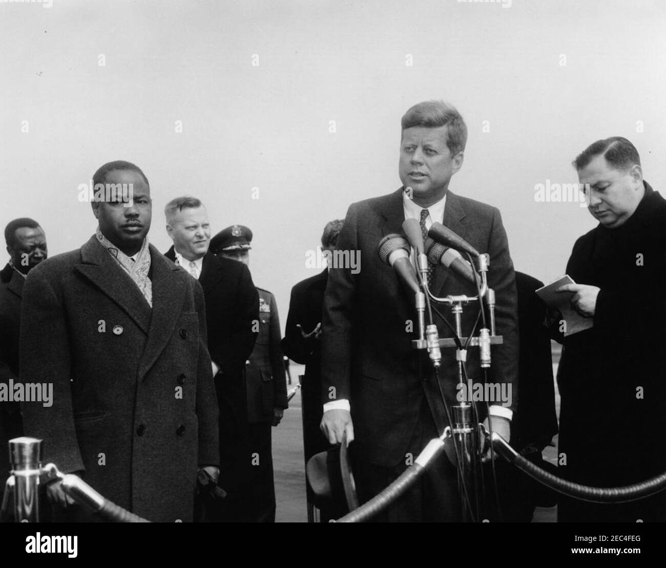Arrival ceremonies for Ahmadou Ahidjo, President of Cameroon, 11:00AM.  President John F. Kennedy speaks at the arrival ceremonies for President of  Cameroon, Ahmadou Ahidjo. L-R: Federal Minister of Foreign Affairs of  Cameroon,