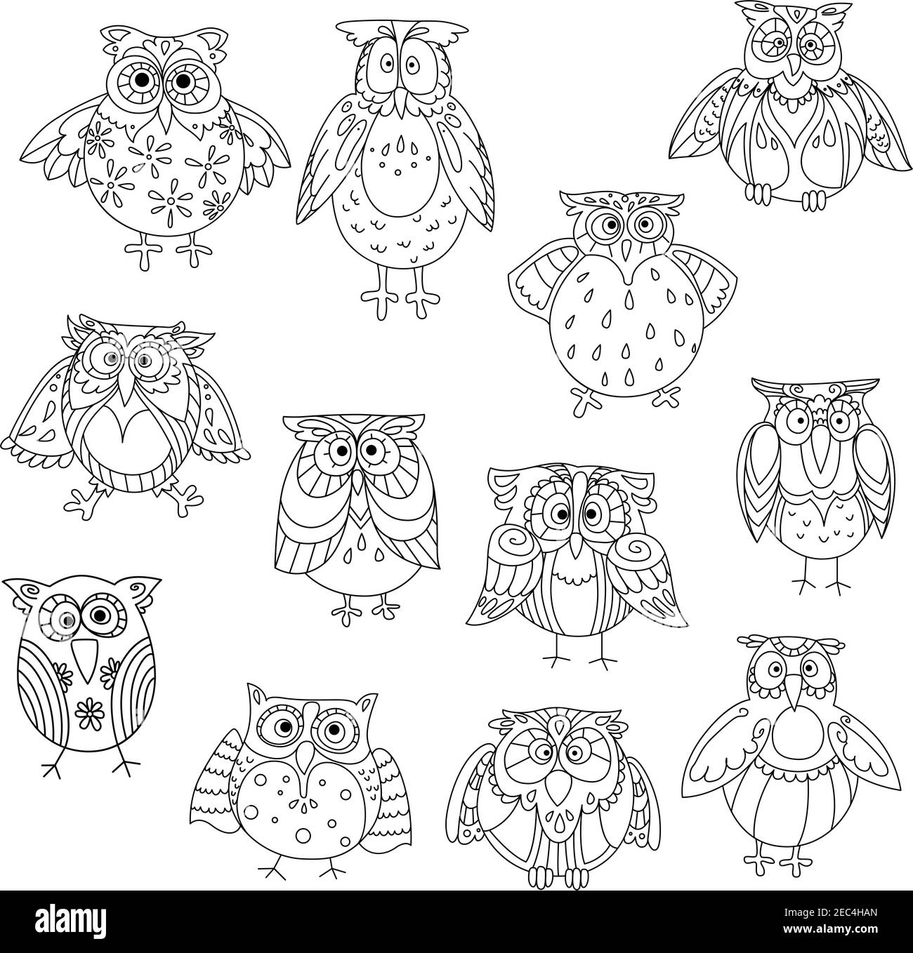 Funny owl silhouettes outline with different feathering pattern on head and wings. Wise birds with amazed or shocked, stunned or astound, cute or wond Stock Vector