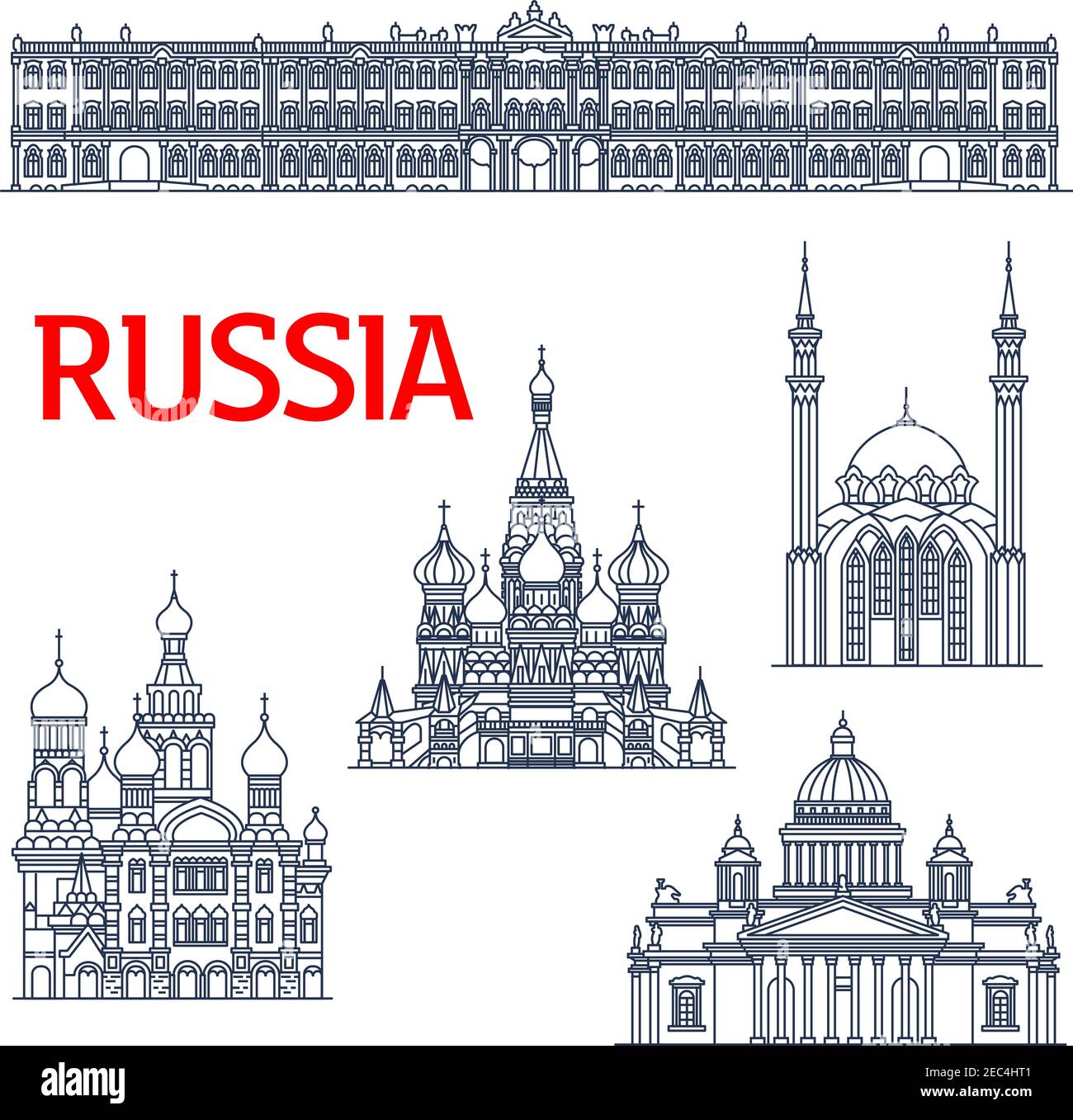 Thin line landmarks for tourism or travel in Russia. Sketch of Winter Palace and Saint Isaac s orthodox Cathedral or Isaakievskiy Sobor in Saint Peter Stock Vector