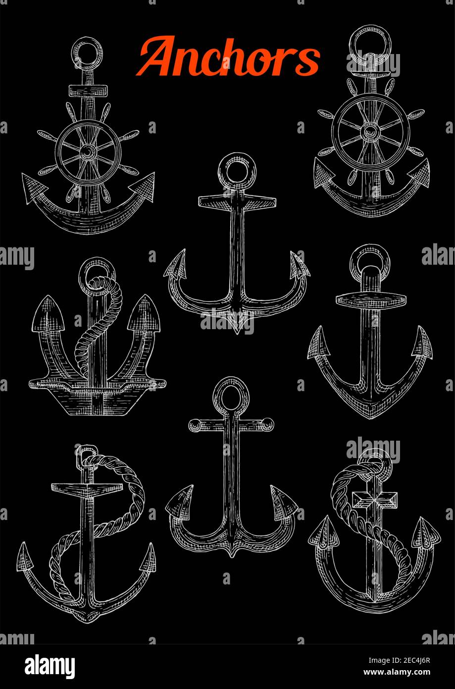 sketch of stockless admiralty or fisherman anchors with twined rope and steering ship s or boat s wheel can be used as naval or nautical symbol mar 2EC4J6R