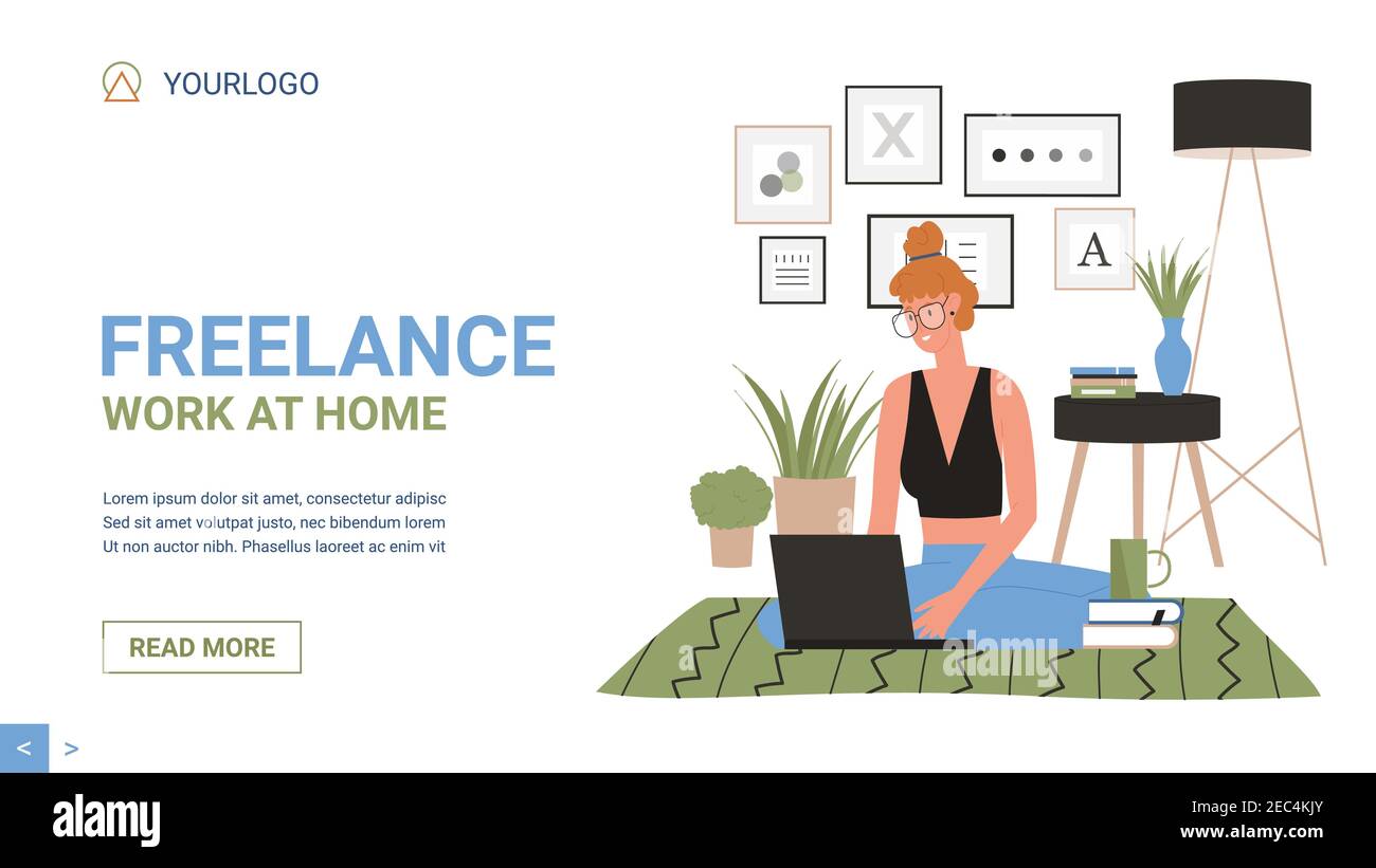 Freelance remote work at home vector illustration. Cartoon website template with freelancer young woman character working online with laptop, sitting on floor in home workplace interior, internet job Stock Vector