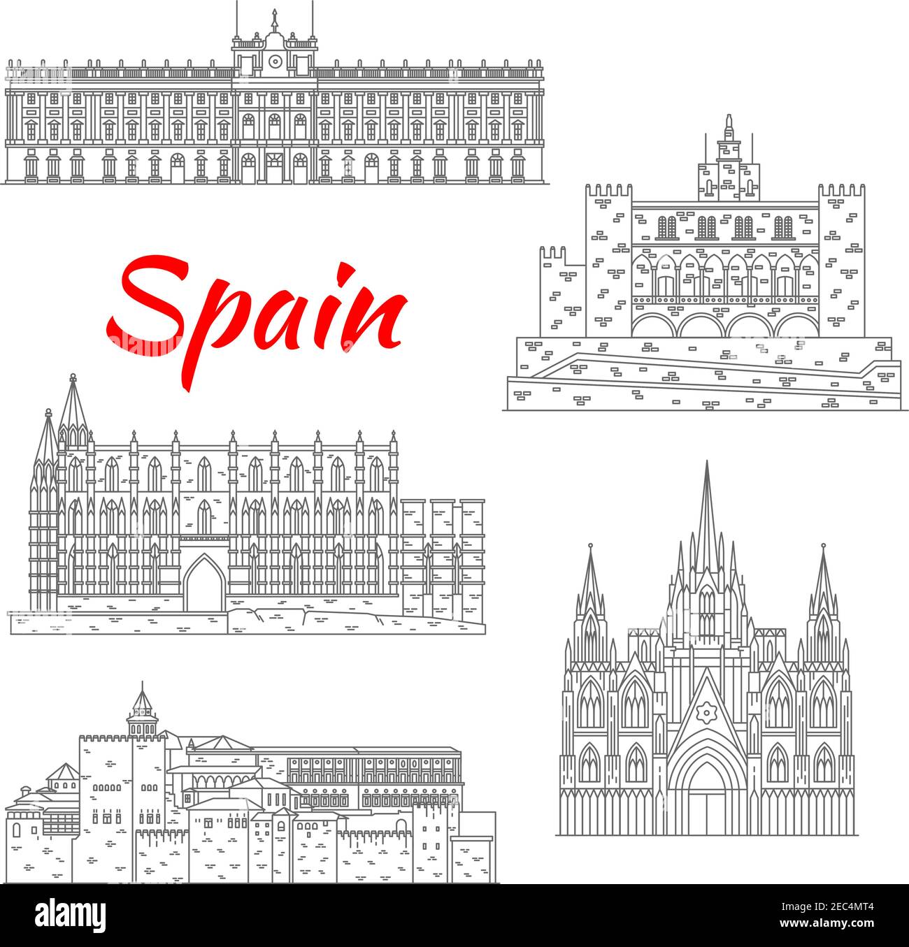 Spanish tourist sights icon of fortress Alhambra in Granada, Royal Palace of Madrid, Cathedral of Santa Maria in Palma, Barcelona Cathedral and Royal Stock Vector