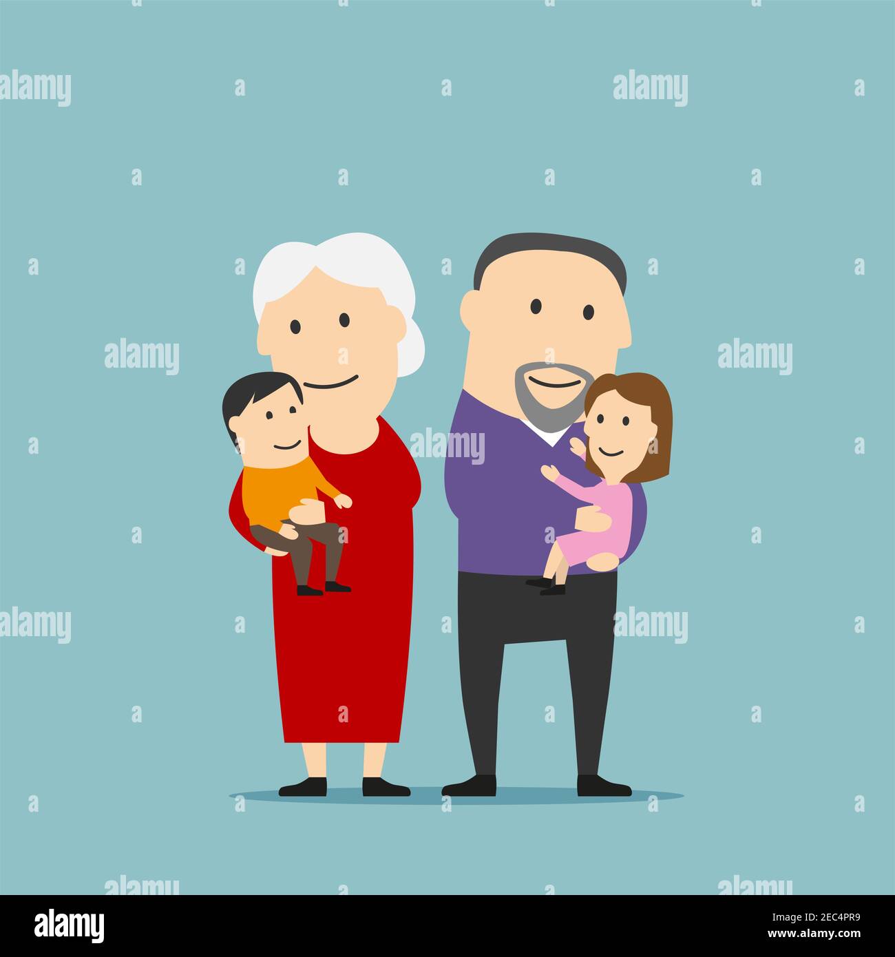 Blissful cartoon grandmother and grandfather stands with grandkids on hands. Happy smiling grandparents family with grandson and granddaughter. Use as Stock Vector