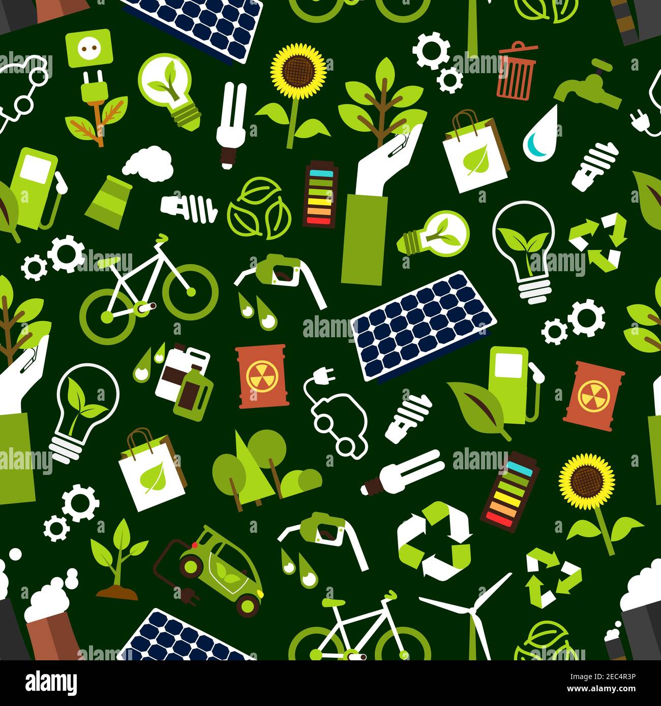 Eco friendly and saving energy seamless pattern background with electric cars, bicycles and bio fuel, solar panels, wind turbines and light bulbs, fum Stock Vector