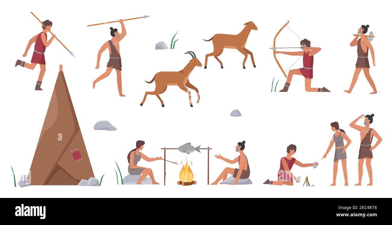 Primal tribe people hunt vector illustration set. Cartoon primitive  tribesman characters group hunting animals with bows, arrows and spears,  produce fire for cooking food near home isolated on white Stock Vector Image