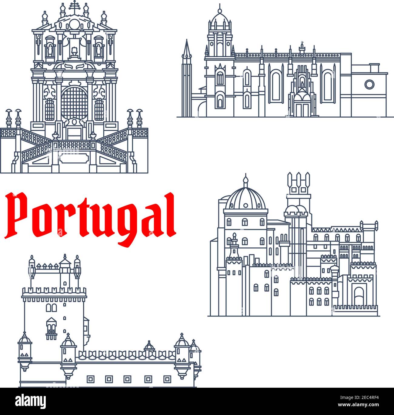 Portuguese architectural landmarks and tourist sights symbol with thin line Hieronymites Monastery and Tower of St Vincent, Pena Palace and Clerigos C Stock Vector