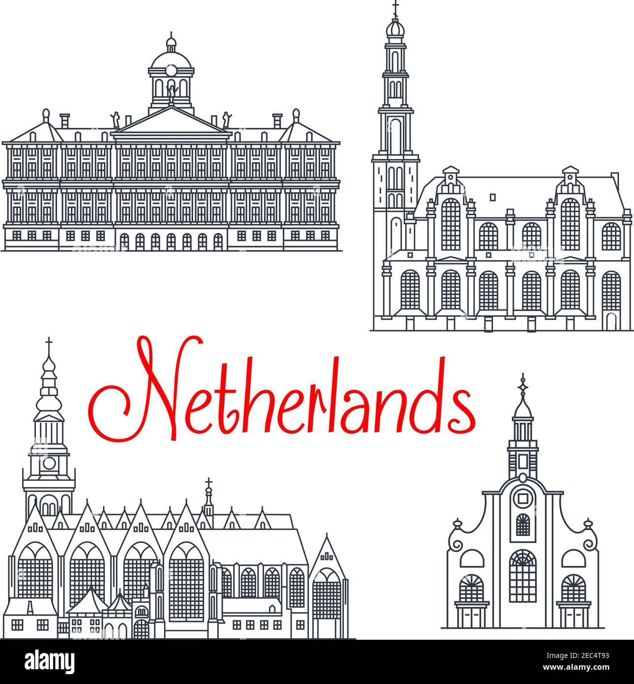 Historical and memorable travel landmark icons of Netherlands. Dutch royal palace in Amsterdam and oude kerk old church, Westerkerk and the old or pil Stock Vector