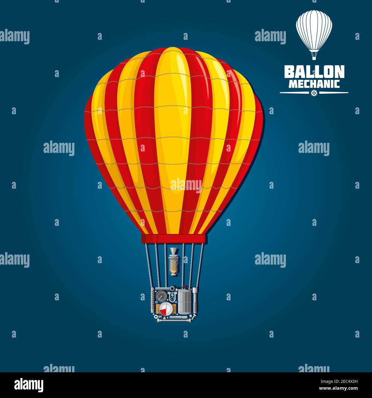 Hot air balloon with stripped envelope isolated on blue. Detailed mechanics of nylon or dacron envelope, parachute vent and burner, fuel tank and its Stock Vector