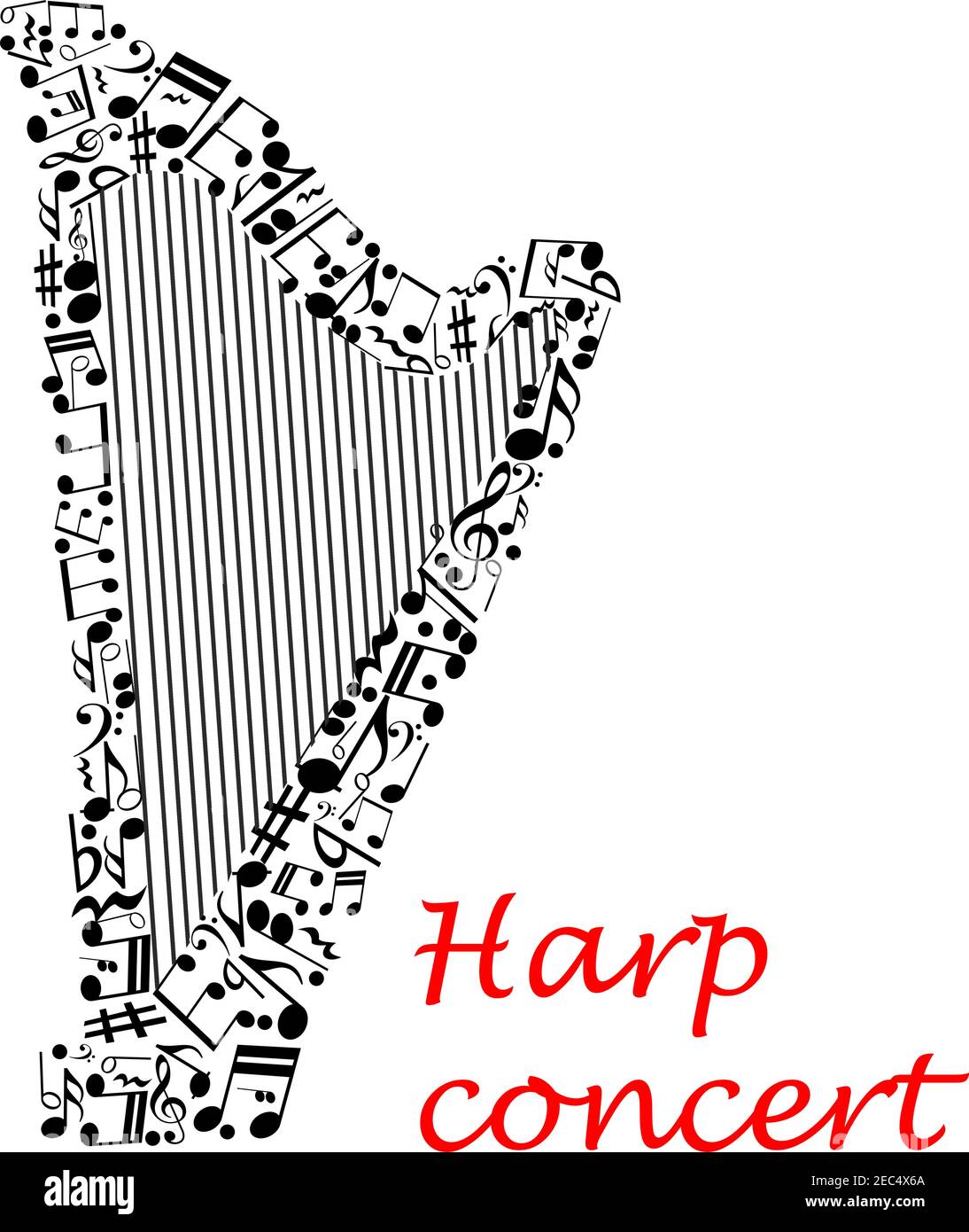 Harp music concert poster with silhouette of classic harp made up of  strings and musical notes, treble and bass clef, rest, key signature.  Musical ent Stock Vector Image & Art - Alamy