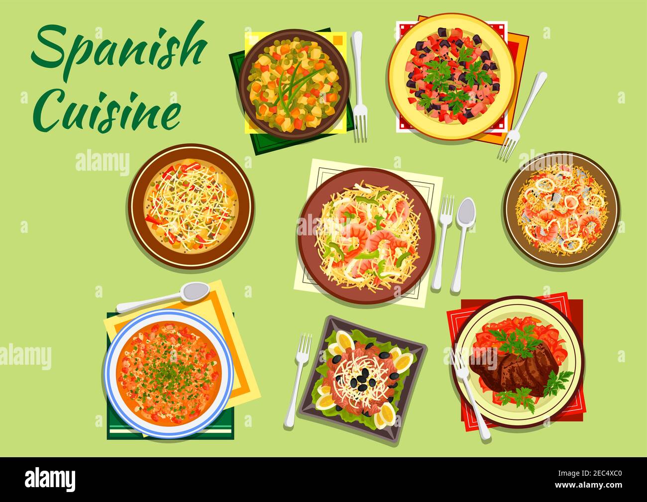 Mediterranean spanish cuisine with andalusian seafood paella and bean soup fabada, shrimp and