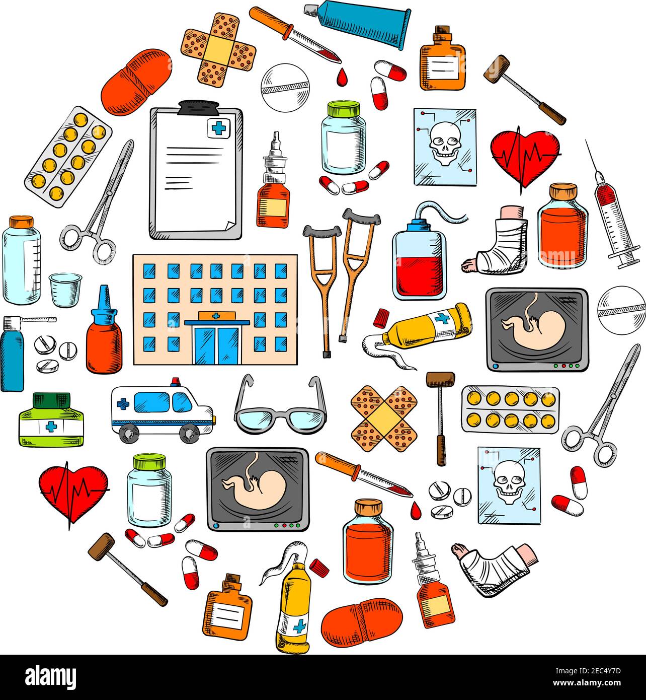 Medical and hospital services round symbol with sketch icons of clinic, ambulance, hearts, pills, syringes, medication bottles, blood bag, skull x-ray Stock Vector