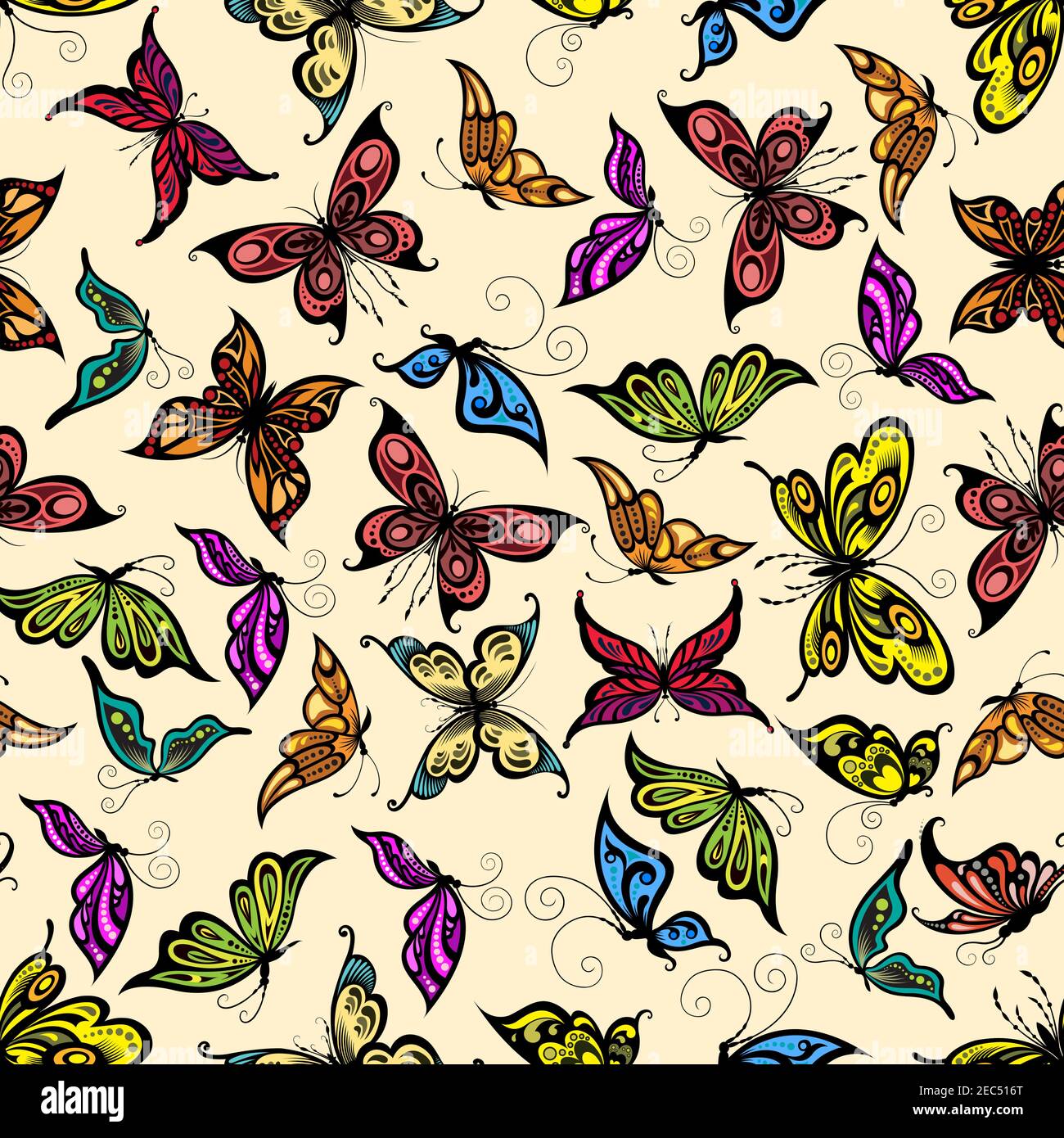 Tropical butterflies seamless pattern with flying summer insects, adorned by ornaments of swirling lines on delicate peach background Stock Vector