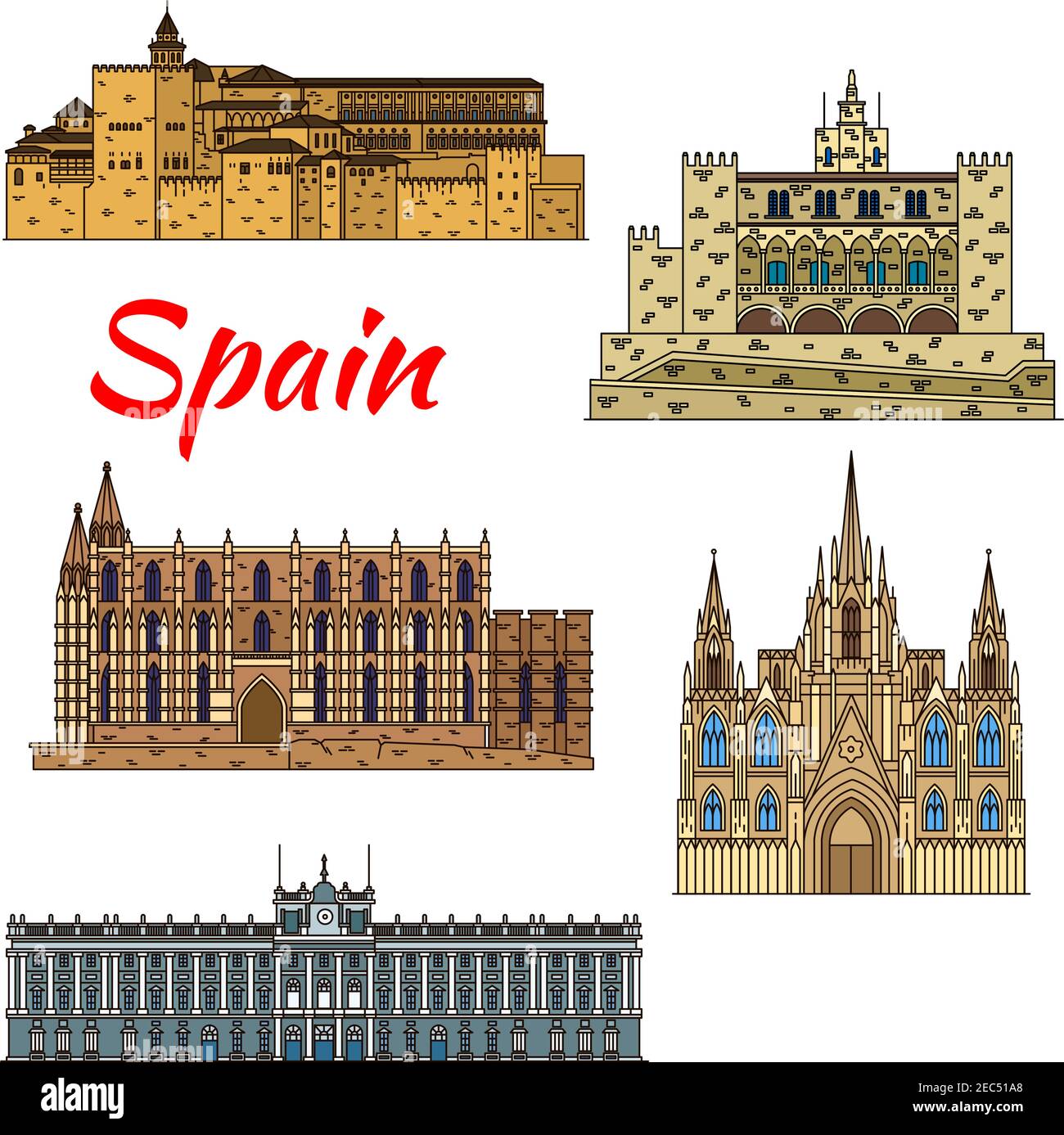 Colorful thin line travel landmarks of spanish architecture with Cathedral of Santa Maria in Palma and Barcelona Cathedral, Royal Palace in Madrid, Al Stock Vector