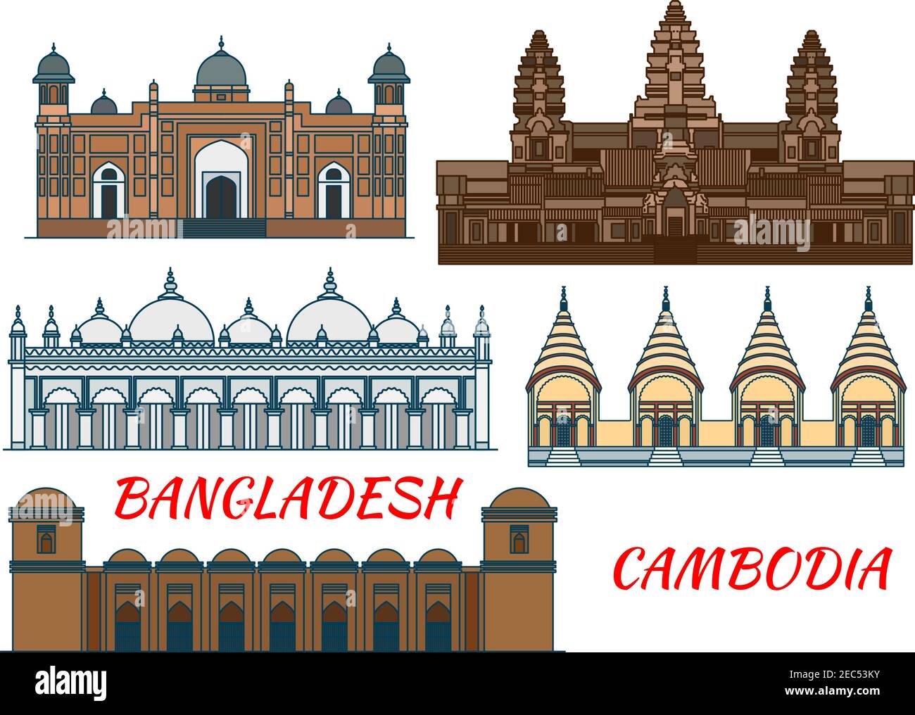Angkor Wat Ancient temple in Cambodia thin line icon with ornate Star Mosque, fortified complex Lalbagh Fort, muslim Sixty Dome Mosque and hindu Dhake Stock Vector