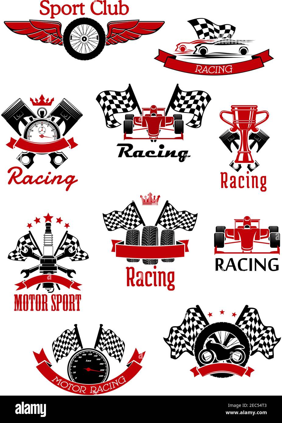 Motorsport symbols framed by ribbon banners and stars for sports theme