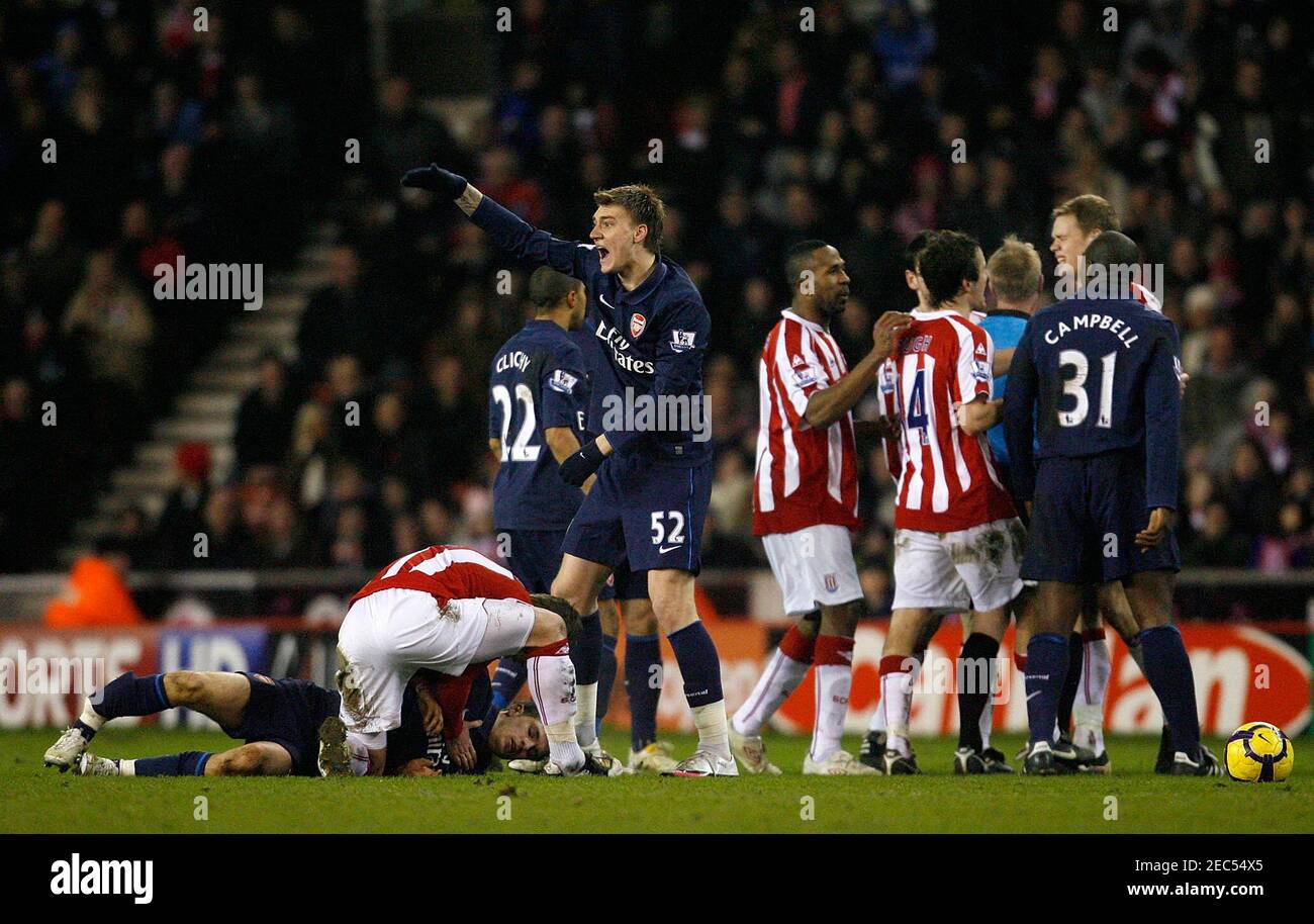Football Stoke City V Arsenal Barclays Premier League The Britannia Stadium 9 10 7 2 10 Arsenal S Nicklas Bendtner C Signals To The Bench After ron Ramsey Floor Appeared To Have