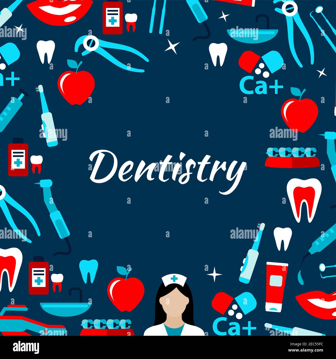 Dentist doctor with icons of dental tools and equipment, teeth