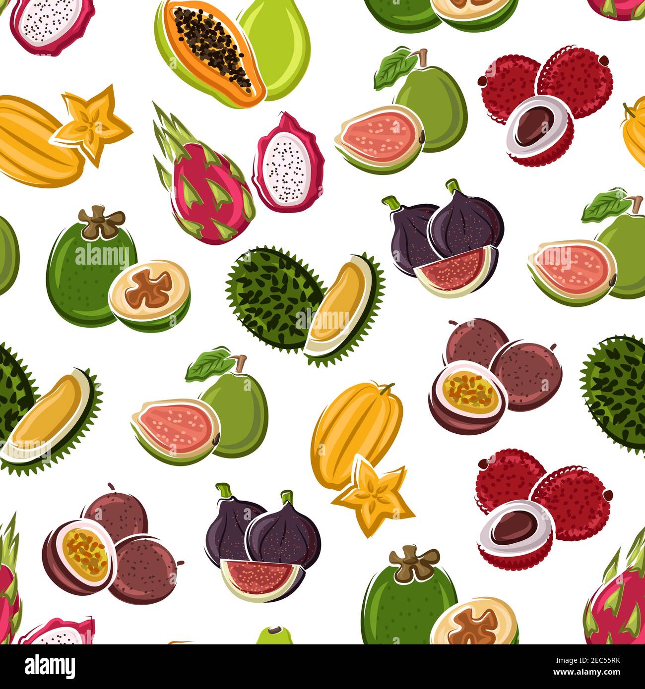 Exotic dessert fruits background with star fruits, papaya, lychee