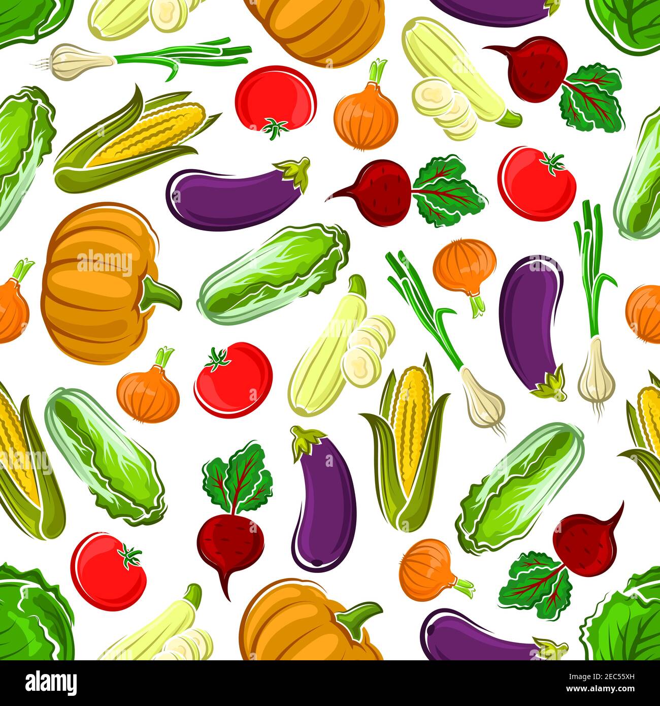 Seamless pattern background of ripe pumpkins, tomatoes and eggplants, sweet corn cobs, beetroots and cabbages, onions and zucchini vegetables. Use as Stock Vector