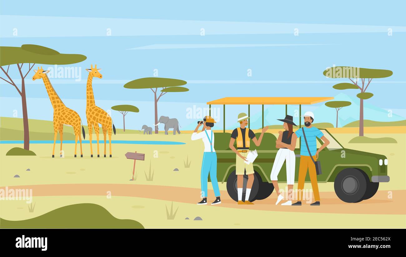 African safari nature tour vector illustration. Cartoon man woman tourist characters group with binoculars and car, landscape tourism in Africa, savannah exploration expedition adventure background Stock Vector