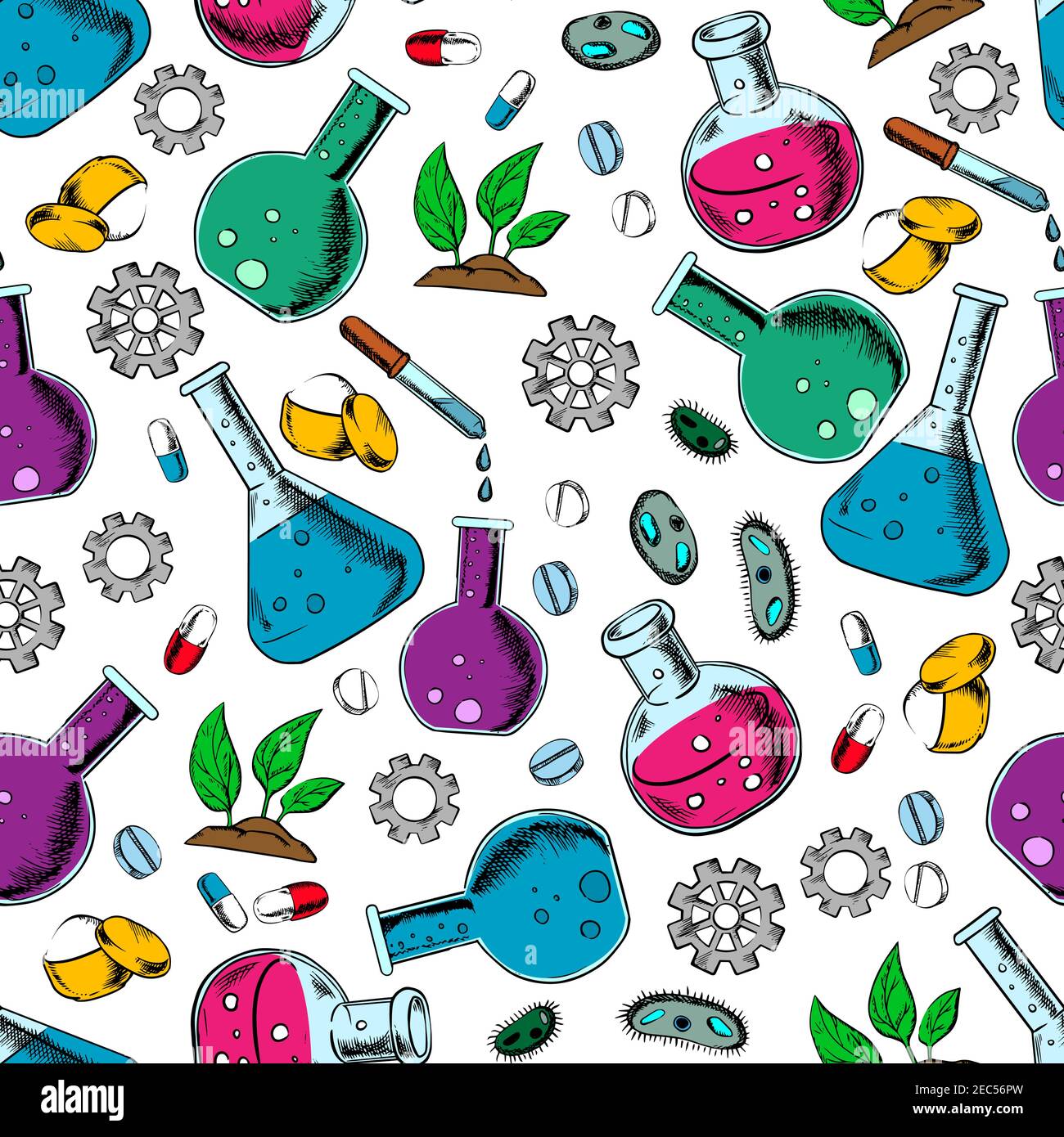 Seamless pattern of laboratory flask, pill, chemical powder, bacteria ...