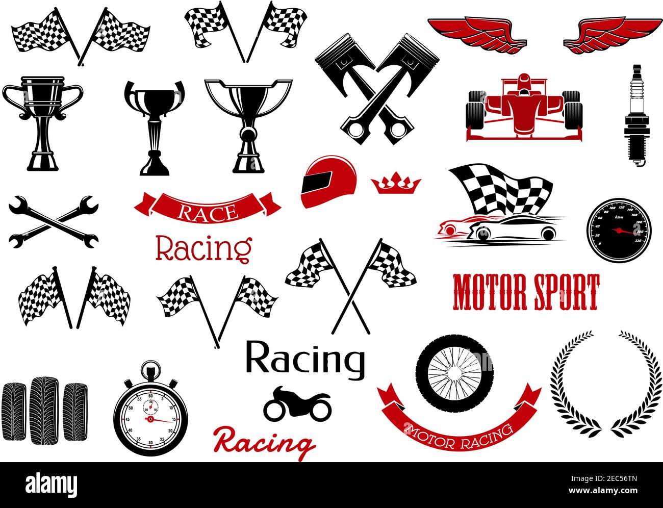 Design elements or set of isolated icons for motosport and racing. Checkered flags and winner cup or bowl,  formula one cars or F1 and wrench or spann Stock Vector