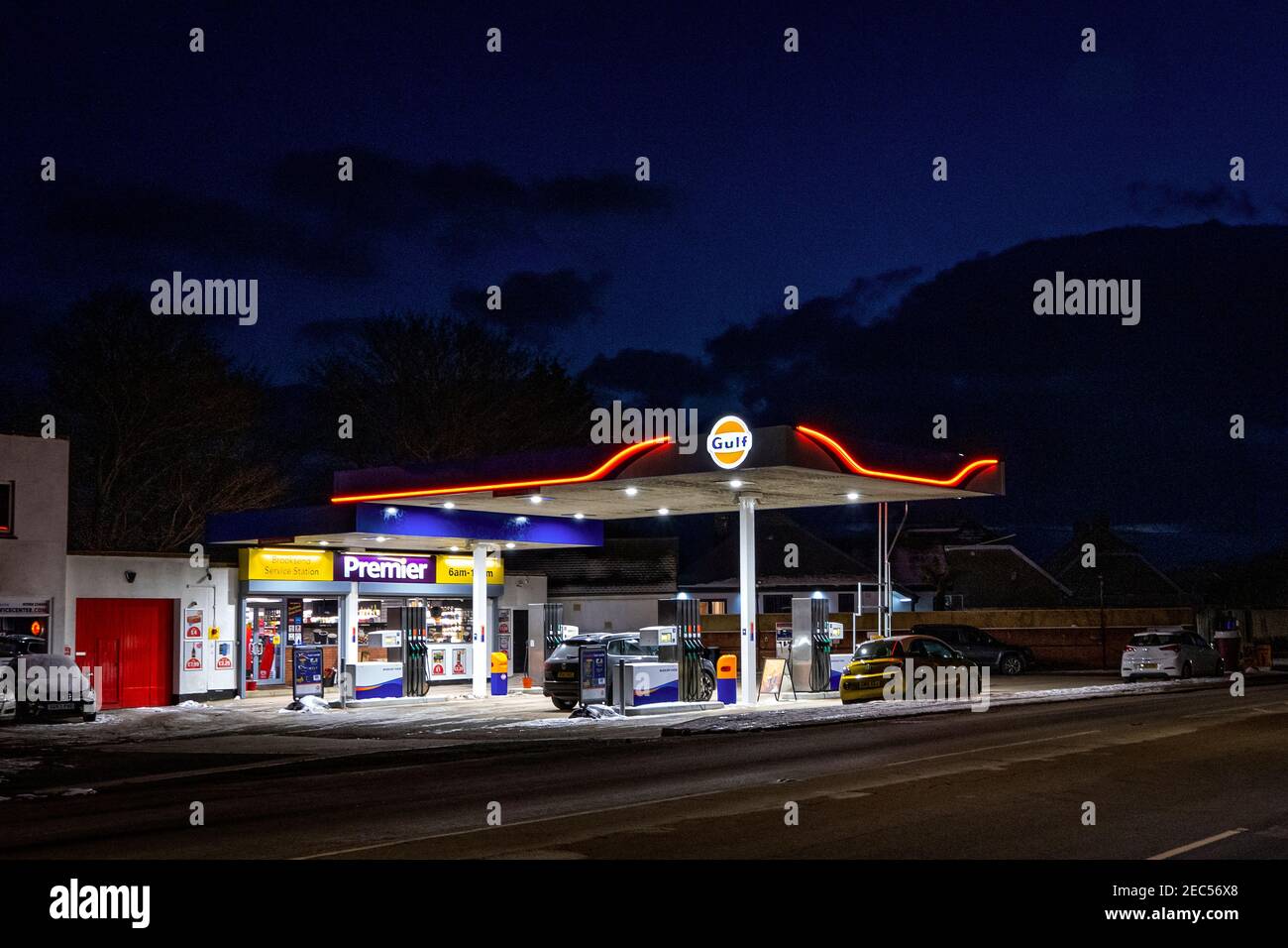 Petrol filling station at night in Kent UK Stock Photo