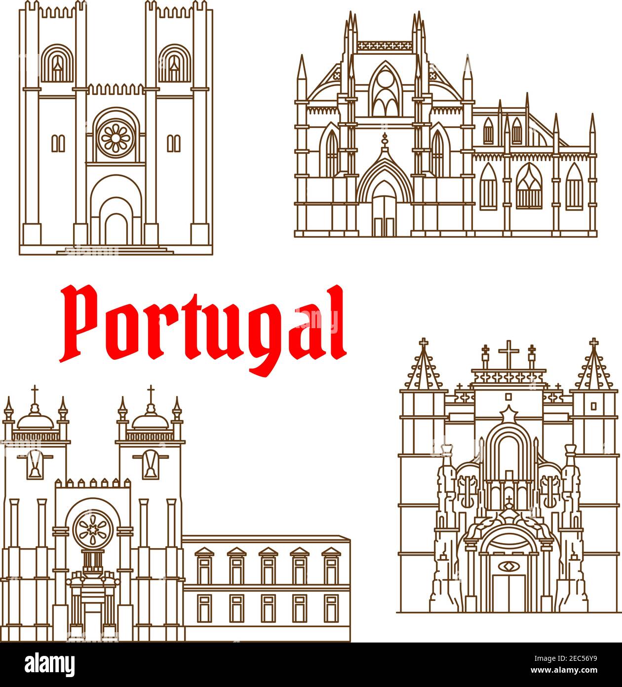 Portuguese travel landmarks of religious architecture thin line symbol with gothic Batalha Monastery, romanesque Porto Cathedral, catholic Patriarchal Stock Vector