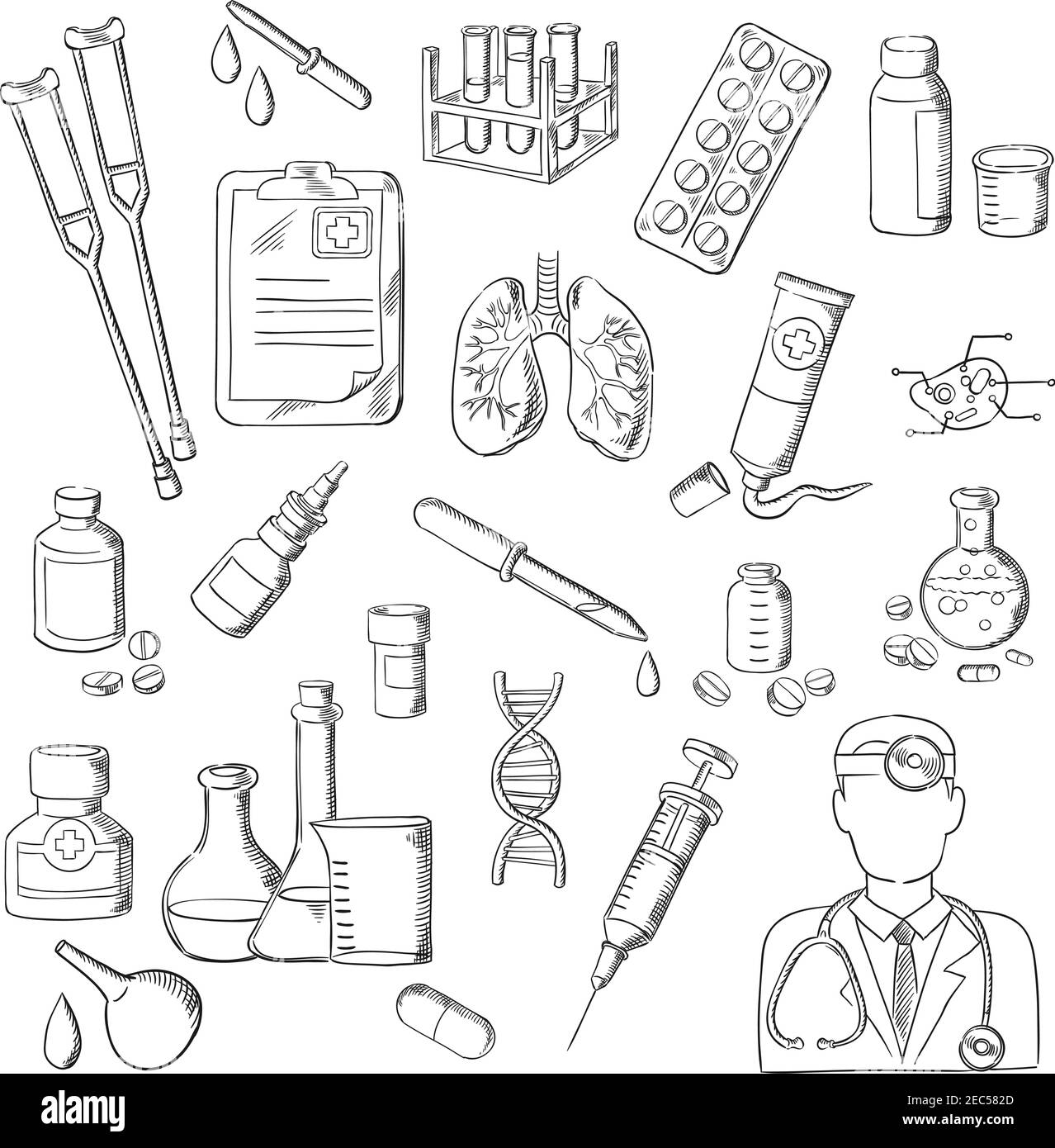 Sketches of doctor with stethoscope, pill, syringe, test tube, medical
