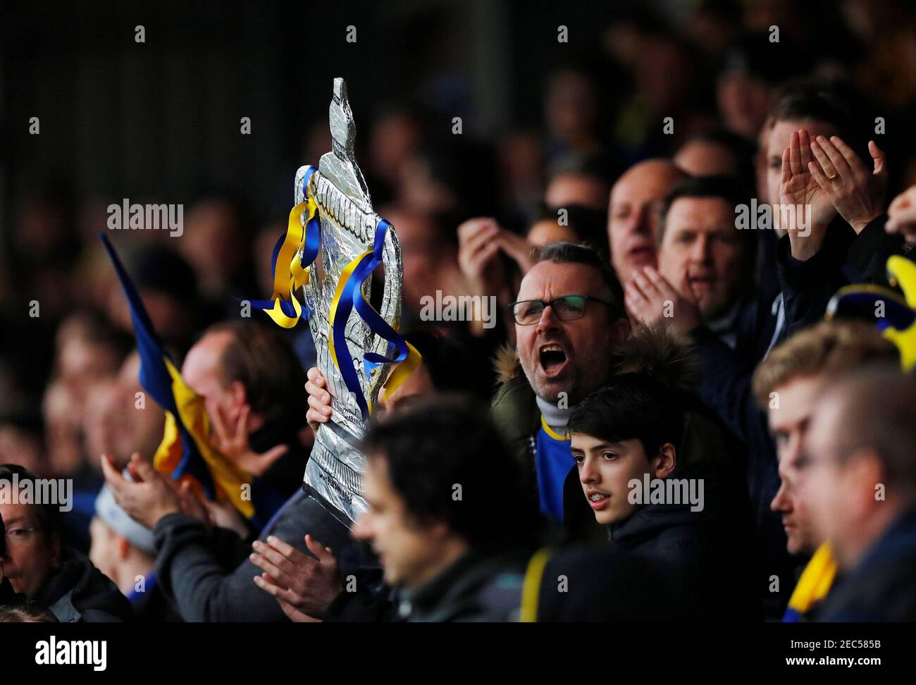 Soccer Football - FA Cup Fifth Round - AFC Wimbledon v Millwall - Kingsmeadow, London, Britain - February 16, 2019  AFC Wimbledon fans during the match   REUTERS/Eddie Keogh Stock Photo