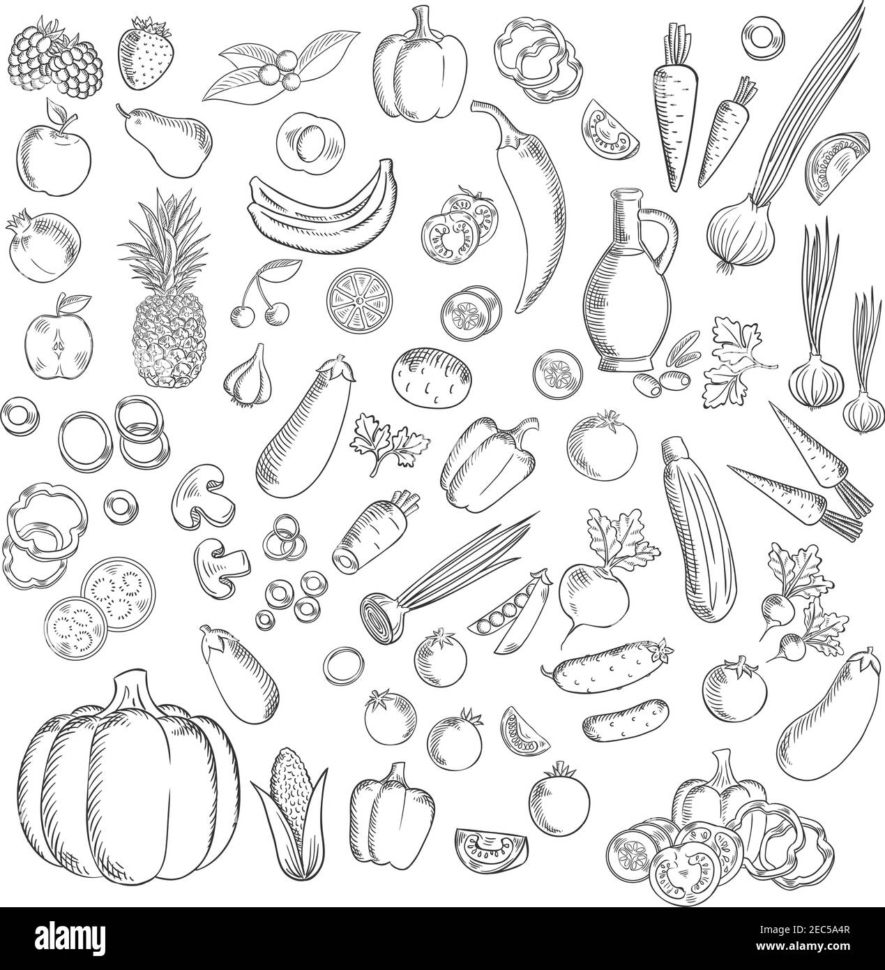 Fresh apples, strawberry, cherries, raspberries and pineapple, banana, peach and orange fruits with peppers, tomatoes, corn and onion, eggplants, mush Stock Vector
