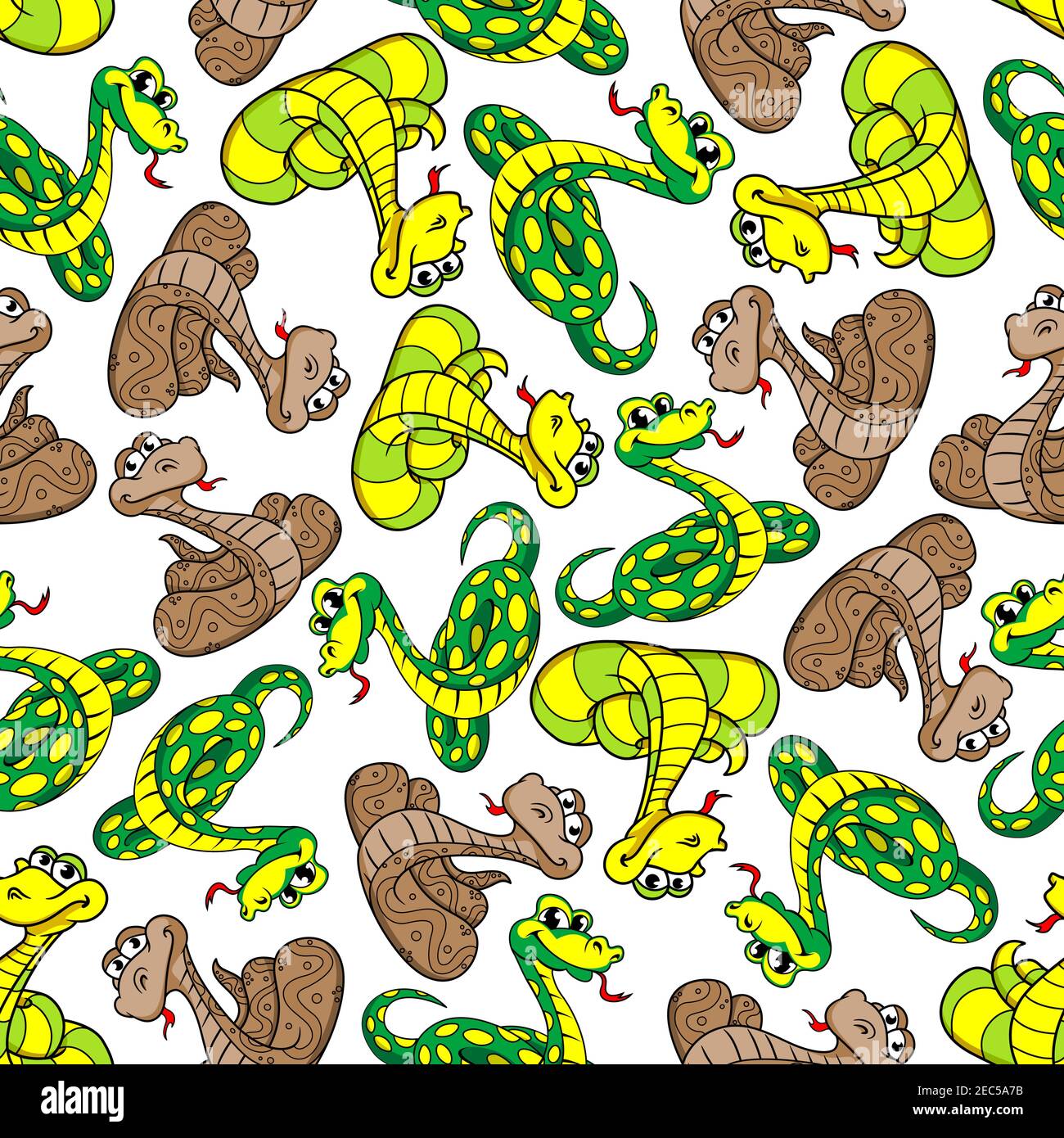 Cartoon snakes seamless pattern of green and brown reptiles with yellow spots and stripes over white background. Childish room interior or wildlife de Stock Vector