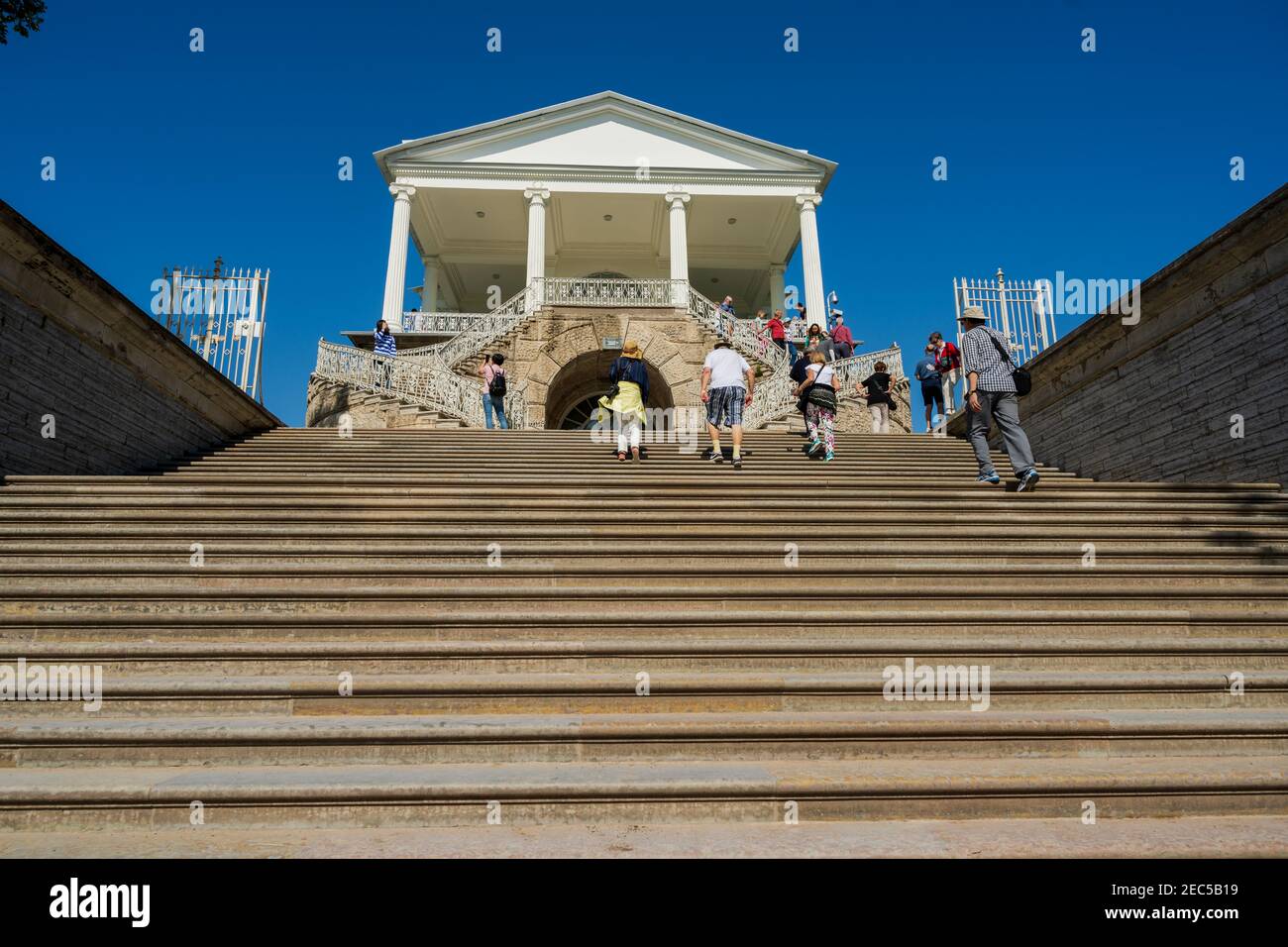 St Petersburg, Russia -- July 22, 2019. Photo looking up the stars to an entrance to the Cameron Gallery on the summer palace grounds in St Petersburg Stock Photo