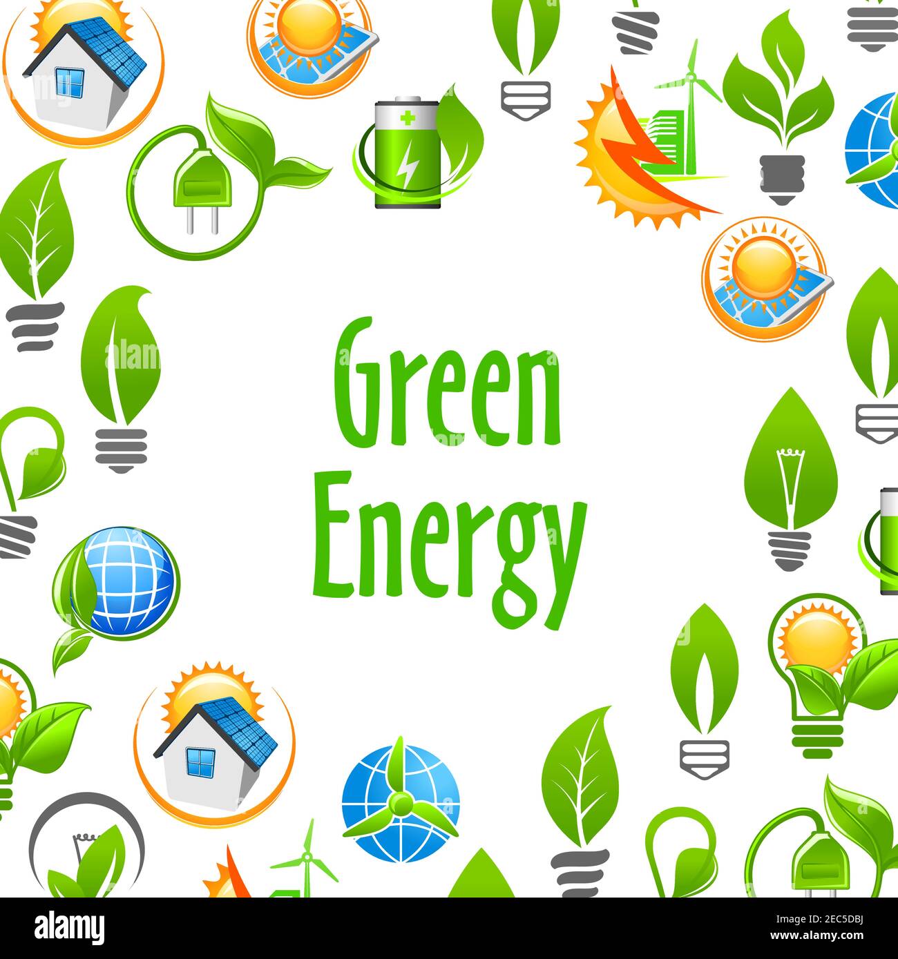 Green Energy eco environment poster. Natural energy sources elements.  Vector icons leaf, sun, water, wind, solar panel, plug, house. Nature  protection Stock Vector Image & Art - Alamy