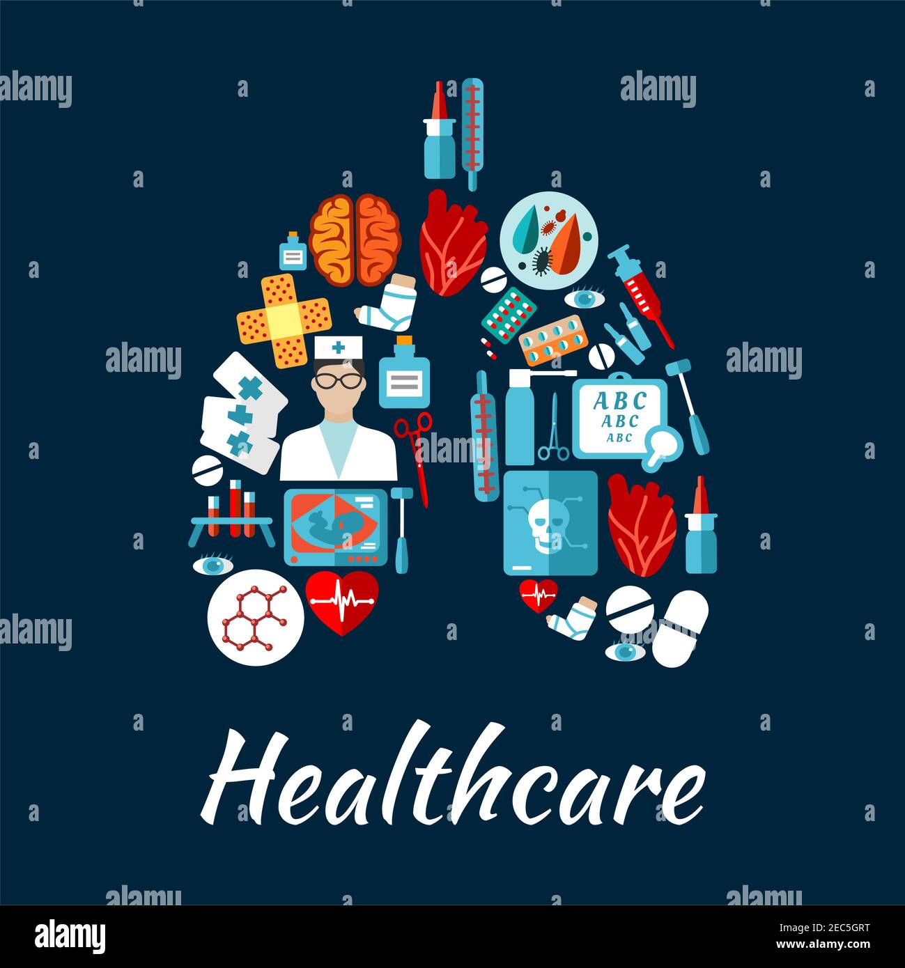 Healthcare icons arranged into a human lungs with doctor, heart, brain, eyes, pills, medication bottle, syringe, thermometer, blood test tube, bacteri Stock Vector