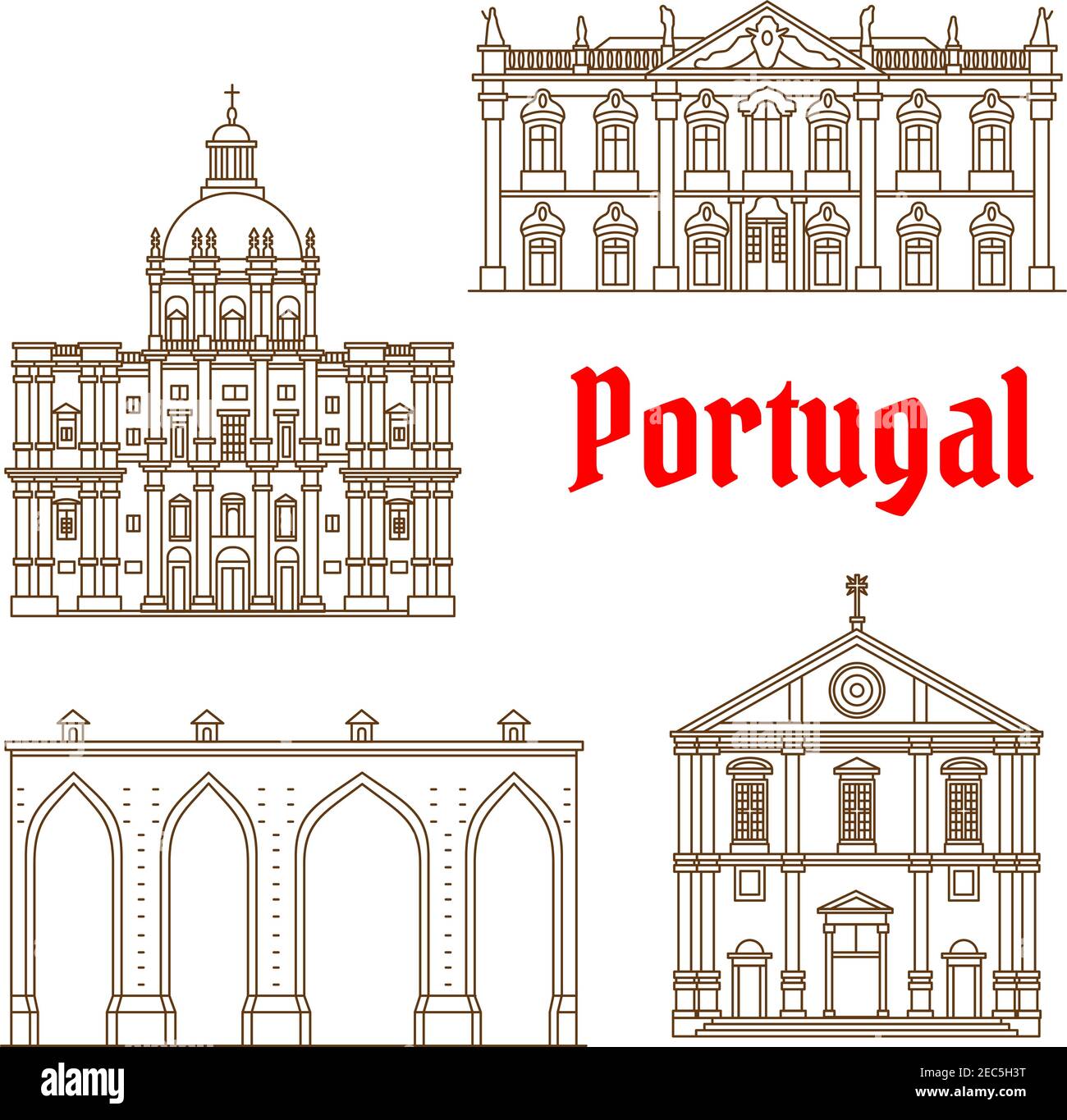 Portuguese tourist attractions of Lisbon thin line symbol with historic Aqueduct of the Free Waters, Church of Saint Roch, rococo Palace of Queluz and Stock Vector