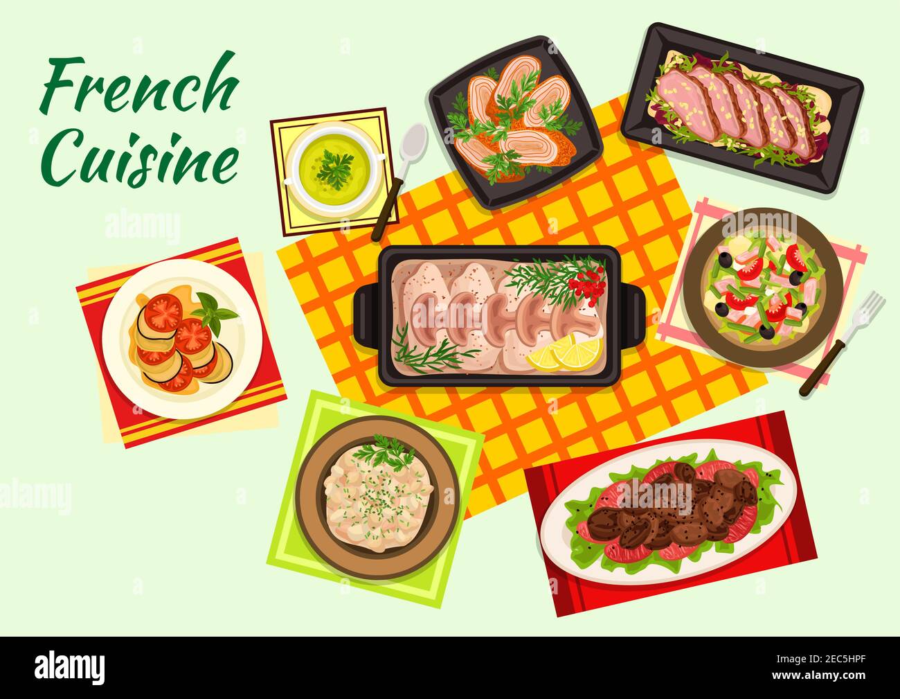 Fine cuisine of France with ratatouille stew, duck salad, pea cream soup, tuna salad nicoise, fried chicken liver, baked cod in bechamel sauce, chicke Stock Vector