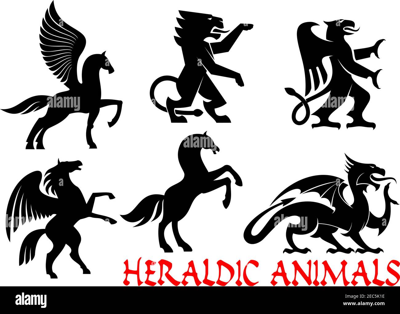 Heraldic animals icons. Pegasus, Unicorn, Lion, Eagle, Horse, Dragon  silhouette outline for tattoo, heraldry, tribal shield emblem Fantasy  gothic crea Stock Vector Image & Art - Alamy