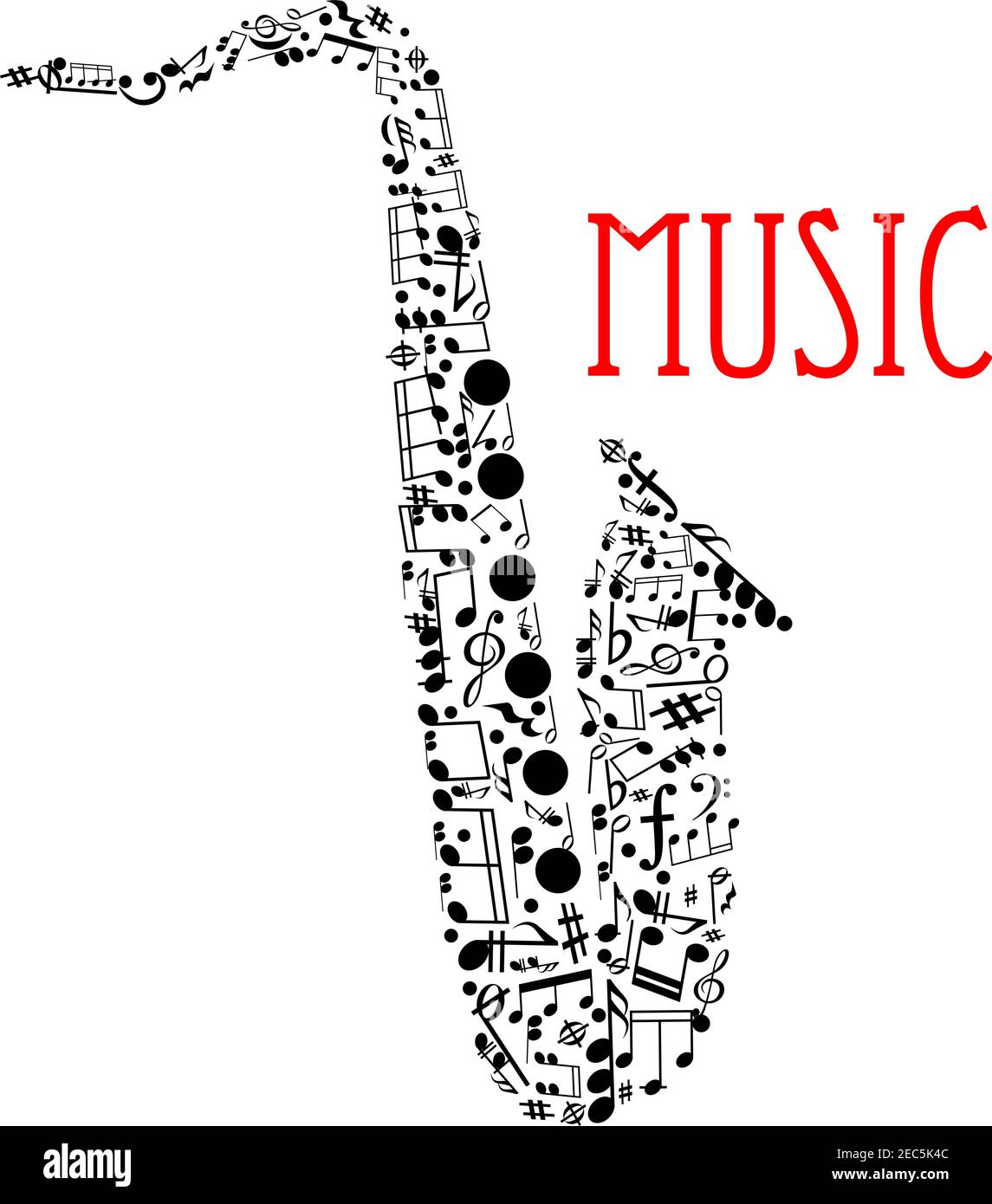 Musical notes forming silhouette of a saxophone with notes and chords