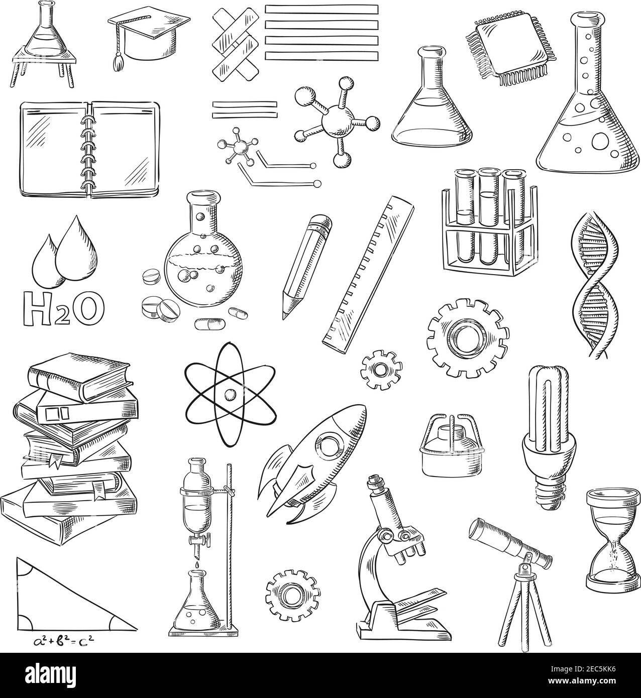 Science, education and laboratory experiments sketches with books, lab flasks and burners, microscope, notebook and hourglass, microchip, DNA, atom an Stock Vector