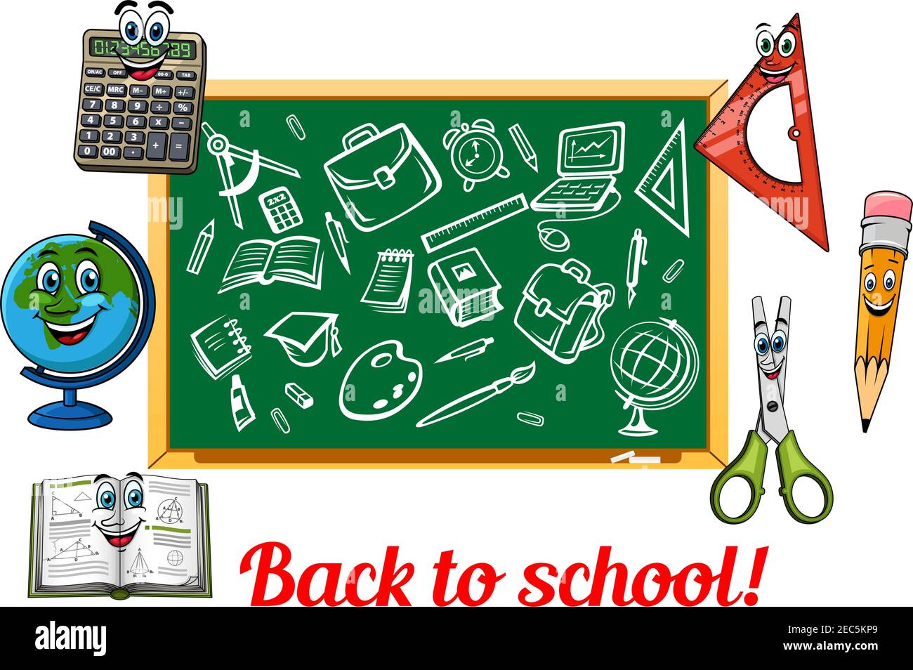 Premium Vector  School bag with student education supplies of welcome back  to school. backpack with books, calculator and globe, paint, brush and  flasks, scissors, glue and alarm clock, glue and ball