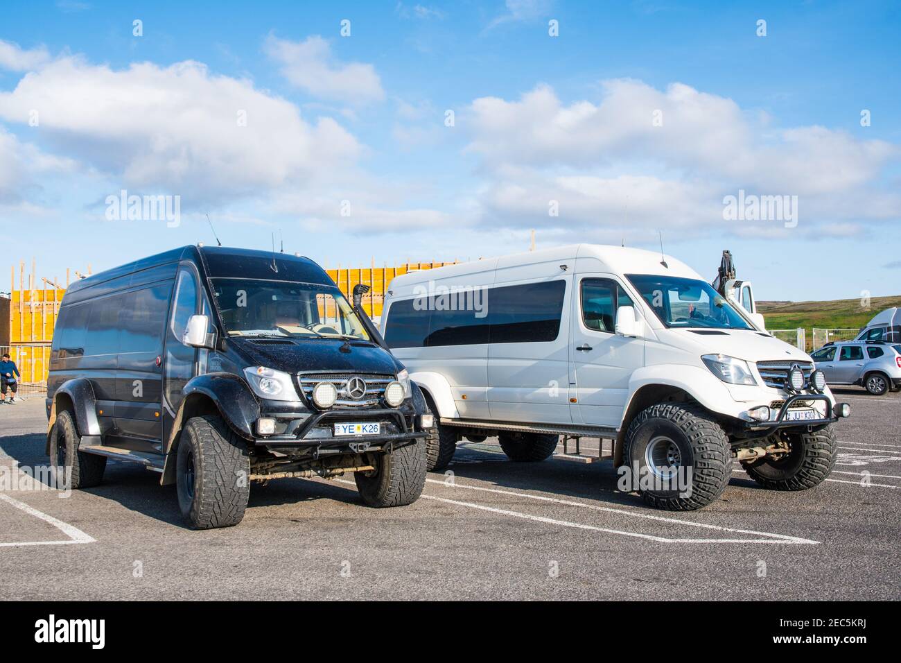 Gullfoss Iceland - August 10. 2019: Modified 4x4 mercedes Benz Sprinter minibuses at the parking lot Stock Photo