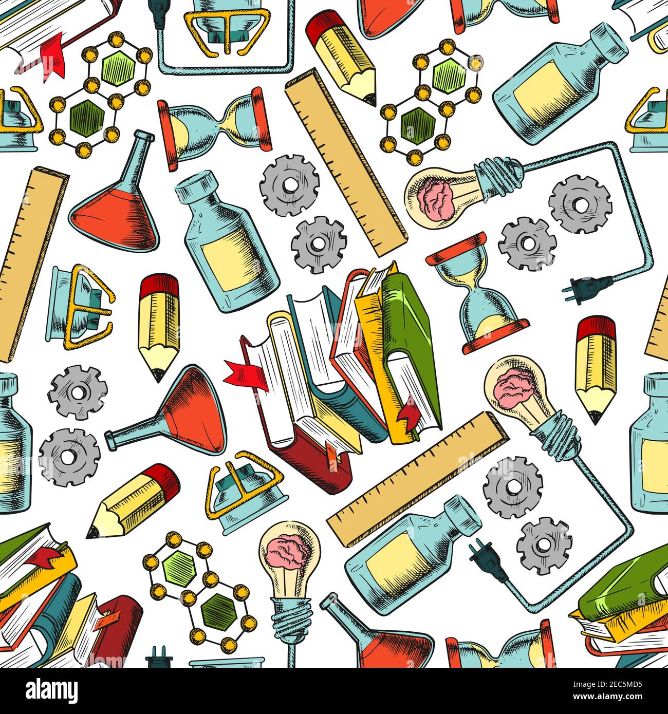 Colorful retro sketched seamless science and education pattern with ...
