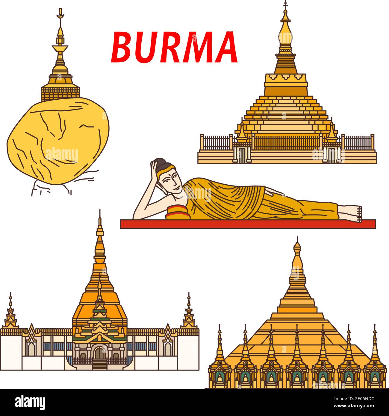 Ancient buddhist temples and places of worship of Burma thin line icon with Shwezigon Pagoda, statue of Reclining Buddha, Kyaiktiyo Pagoda or Golden R Stock Vector