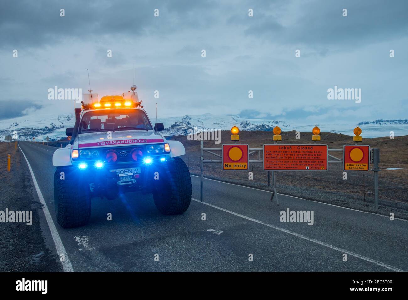 Jokulsarlon Iceland - December 21. 2019: heavily modified search and rescue Toyota Landcruiser 4x4 truck closing the road Stock Photo