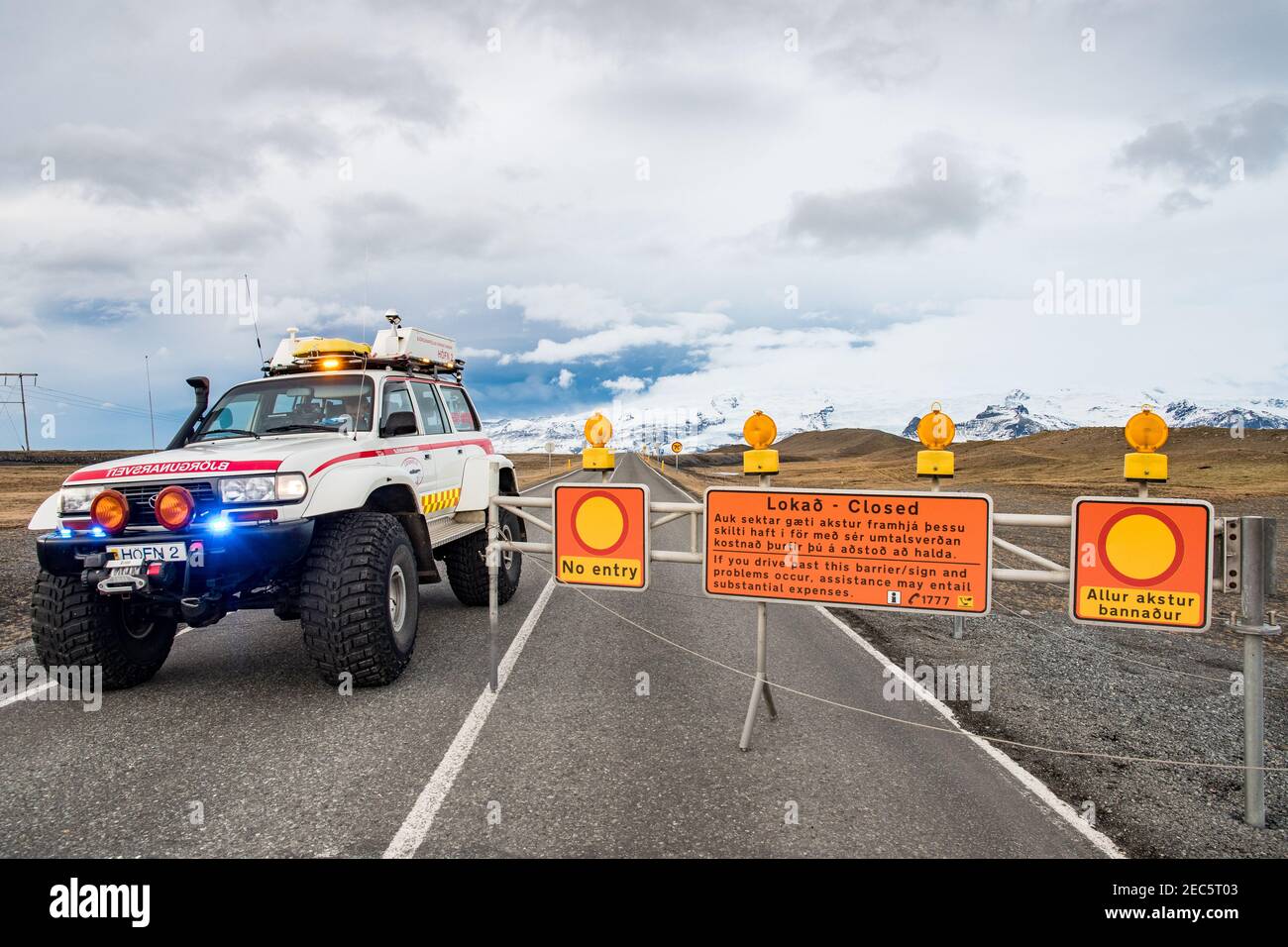 Jokulsarlon Iceland - December 21. 2019: heavily modified search and rescue Toyota Landcruiser 4x4 truck closing the road Stock Photo