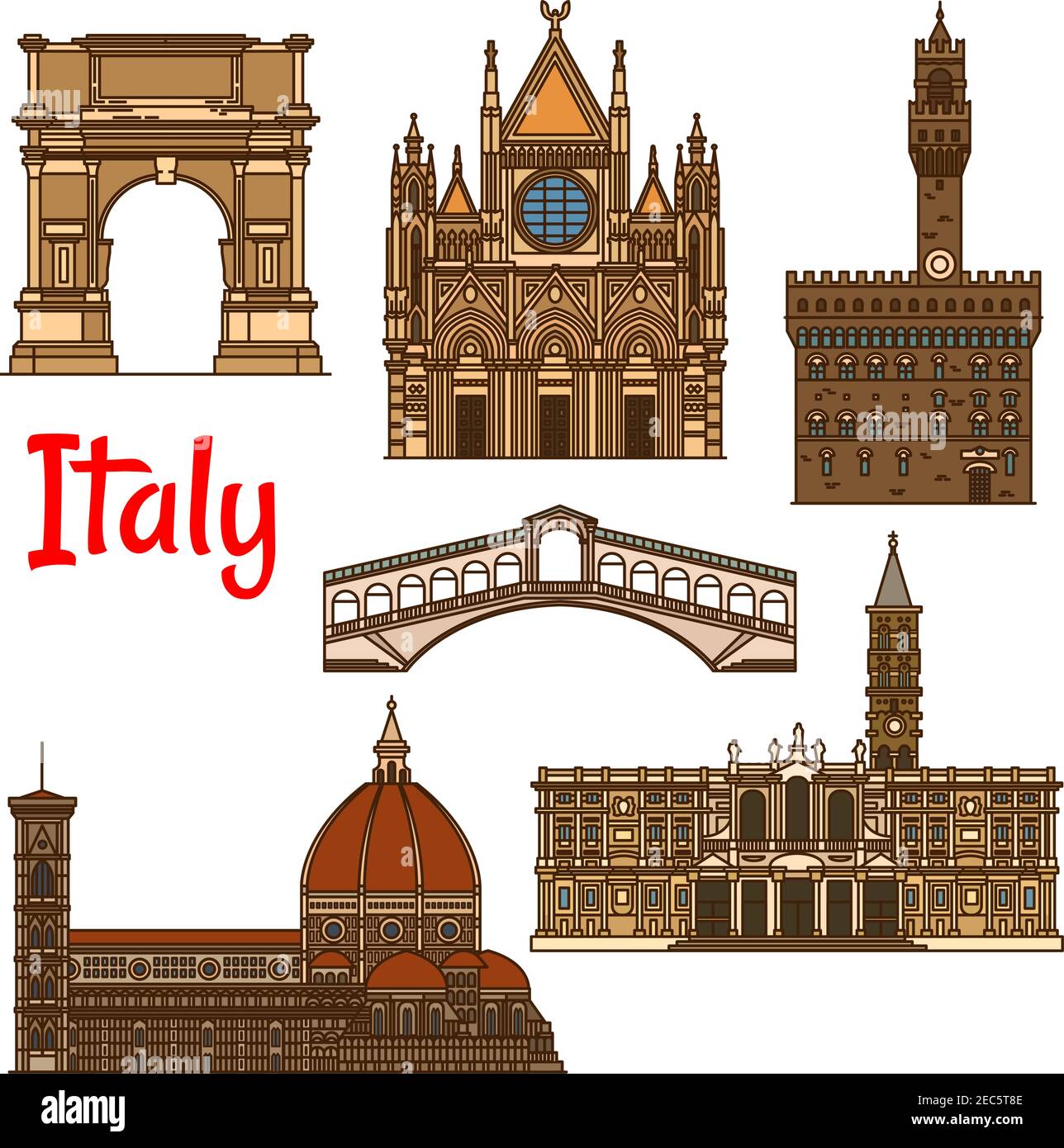 Italian historical travel sights icon with linear Florence Cathedral, Church of Santa Maria Maggiore, Siena Cathedral, Rialto Bridge, ancient Arch of Stock Vector