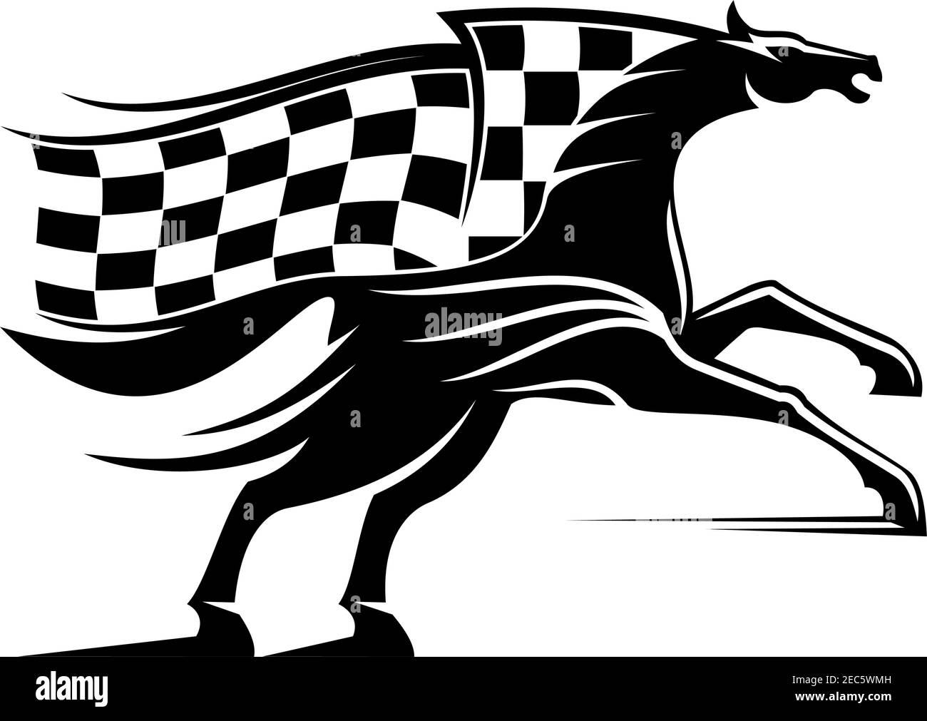 Racehorse stallion symbol rearing up ready to run with flowing racing flag in a shape of mane. Horse racing badge or equestrian sport design Stock Vector