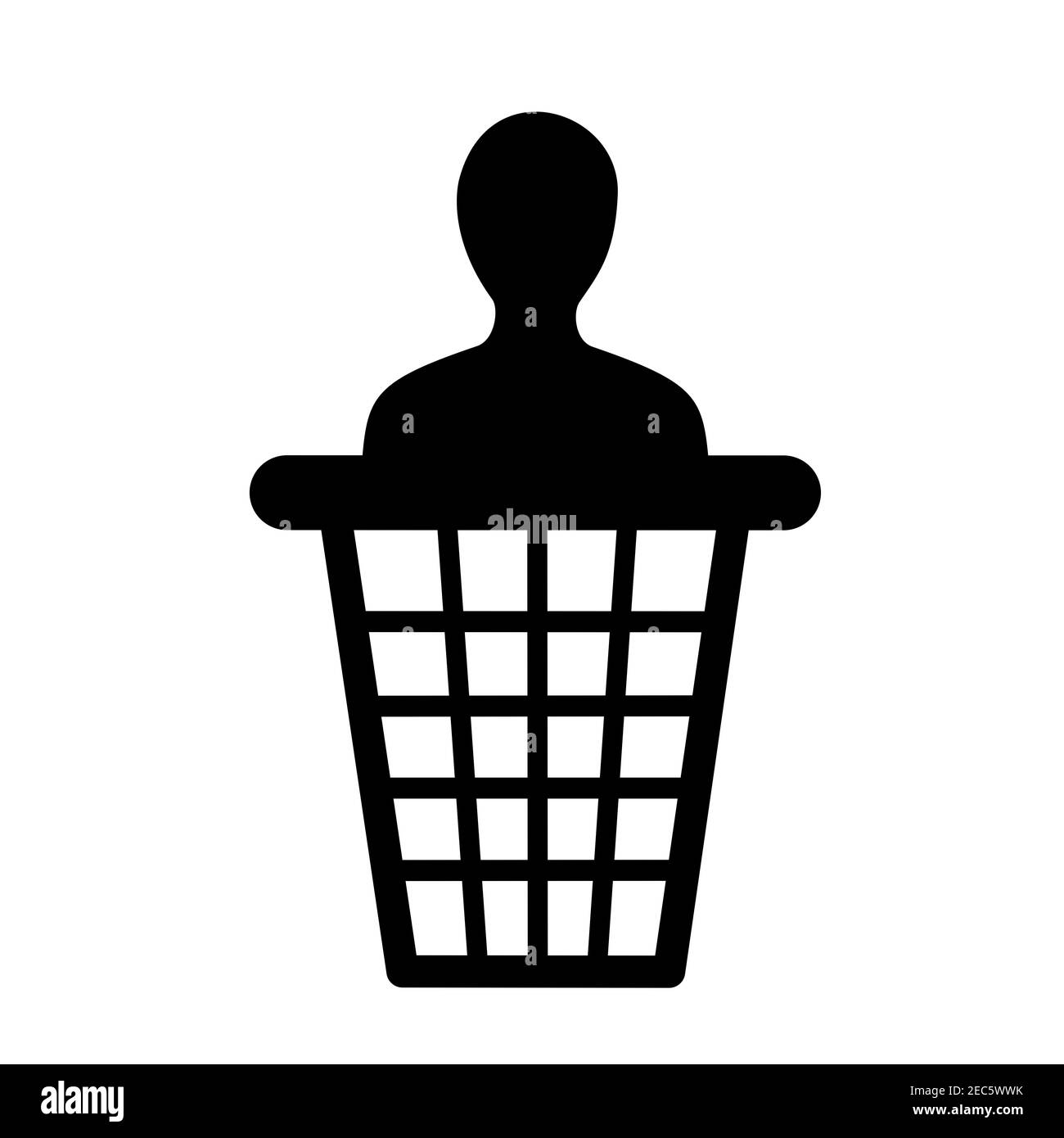 Expendable, redundant and worthless person, human and man is thrown into dustbin, dust bin and garbage can. Metaphor of dismissal. Vector illustration Stock Photo