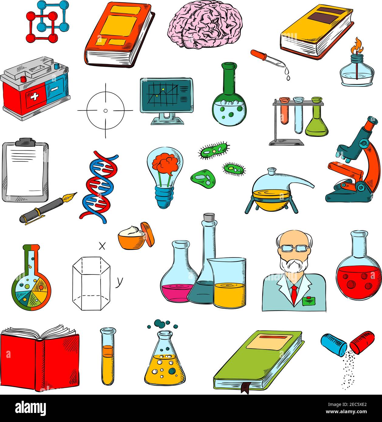 Physics, chemistry and medicine science research symbols of sketched